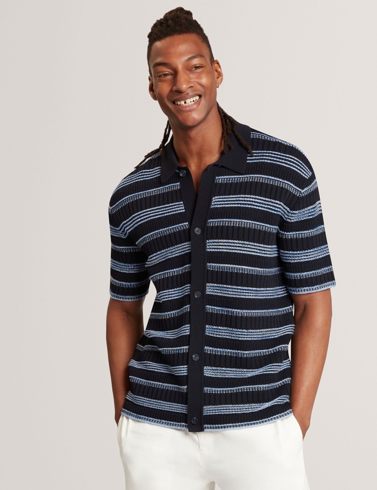Ted Baker FLOREM Stitched Stripe Knit Short Sleeve Shirt NAVY