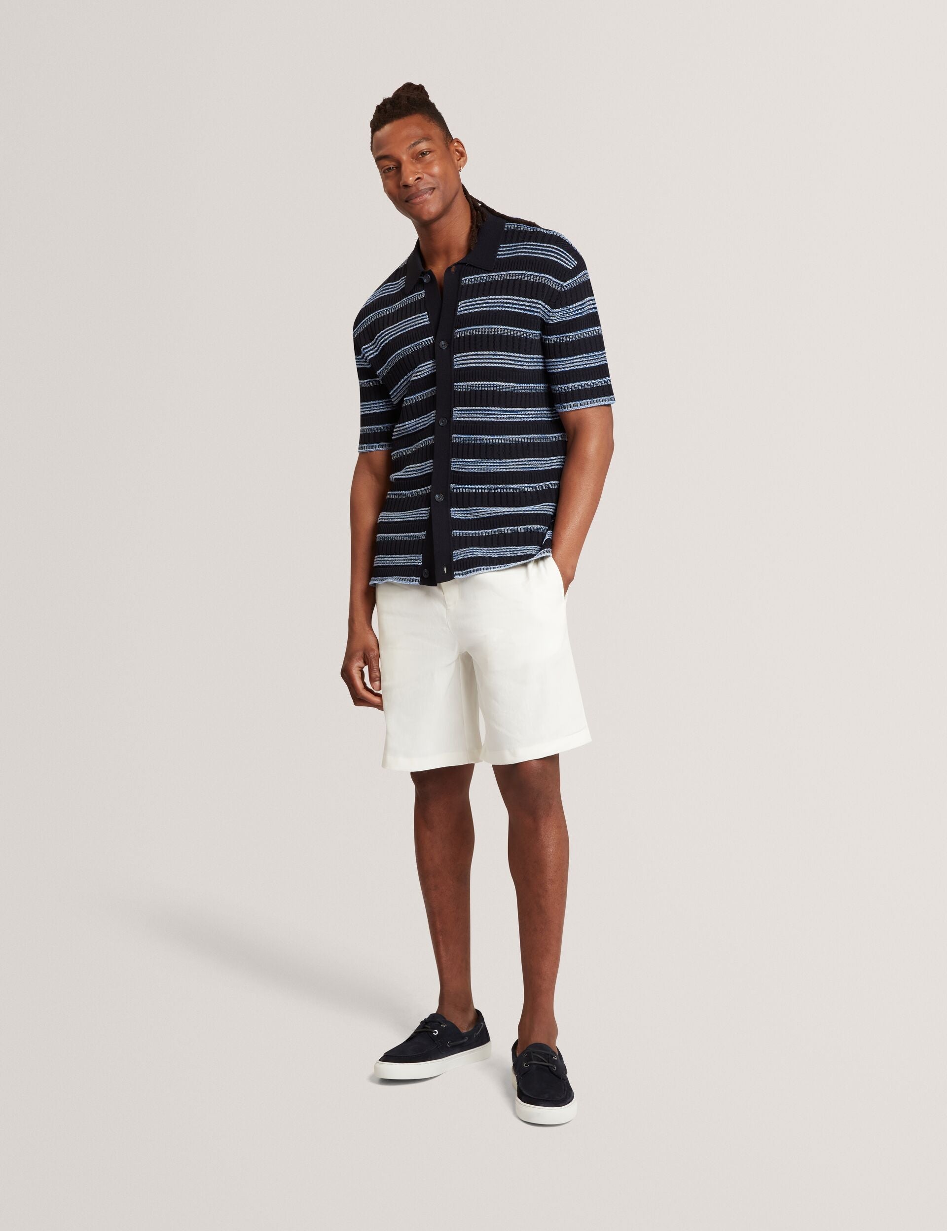 Ted Baker FLOREM Stitched Stripe Knit Short Sleeve Shirt NAVY