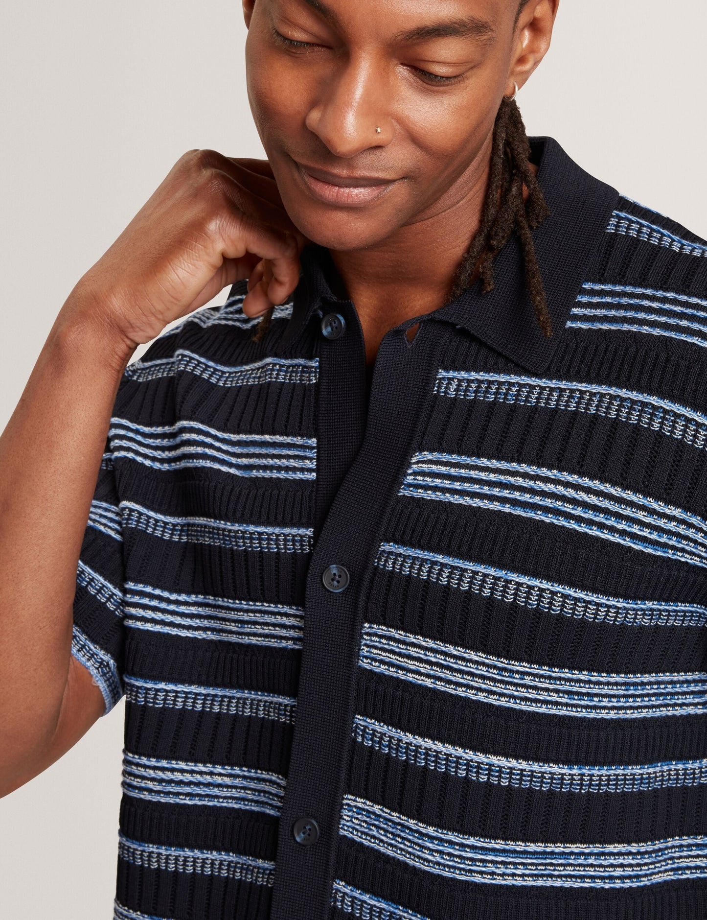 Ted Baker FLOREM Stitched Stripe Knit Short Sleeve Shirt NAVY