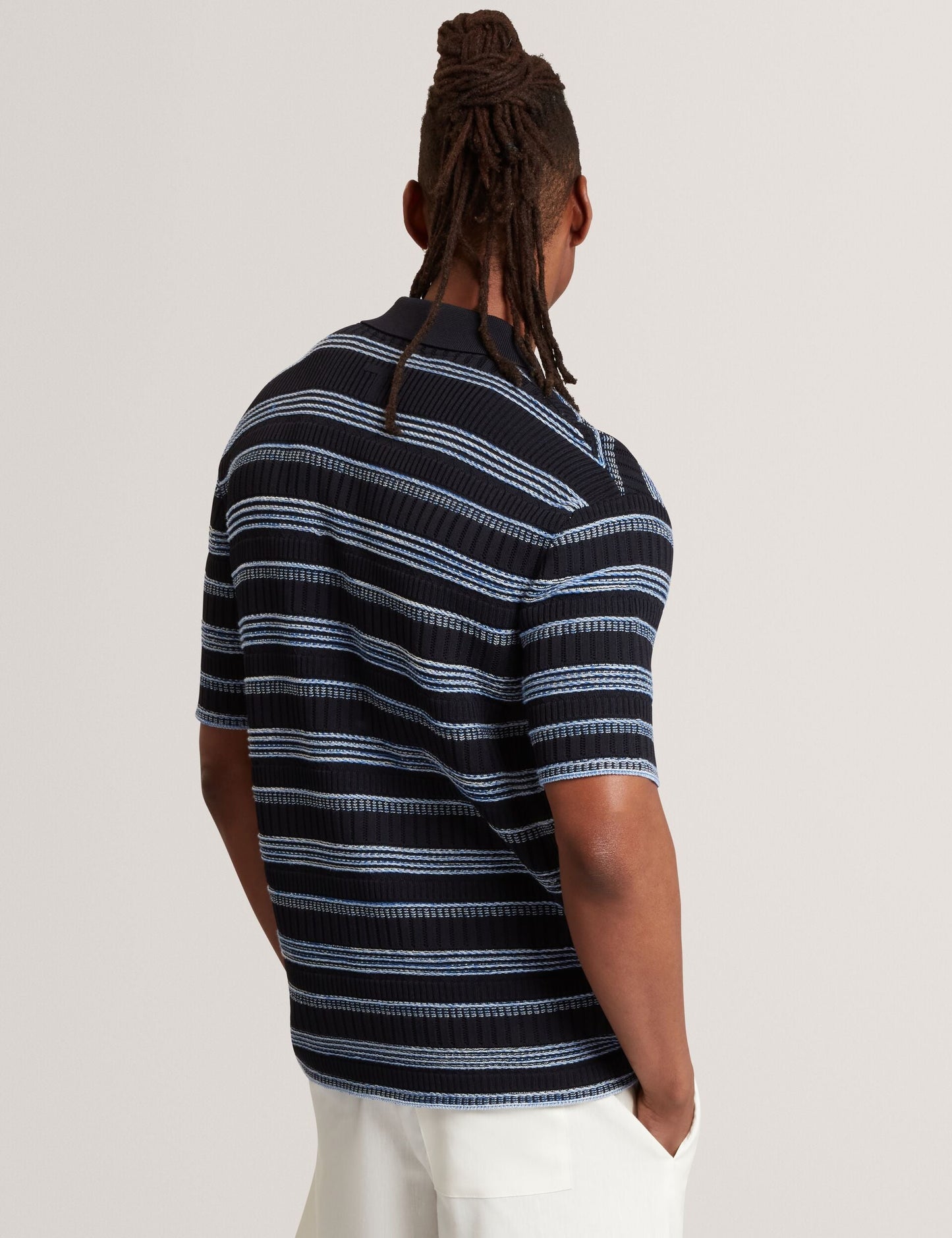 Ted Baker FLOREM Stitched Stripe Knit Short Sleeve Shirt NAVY