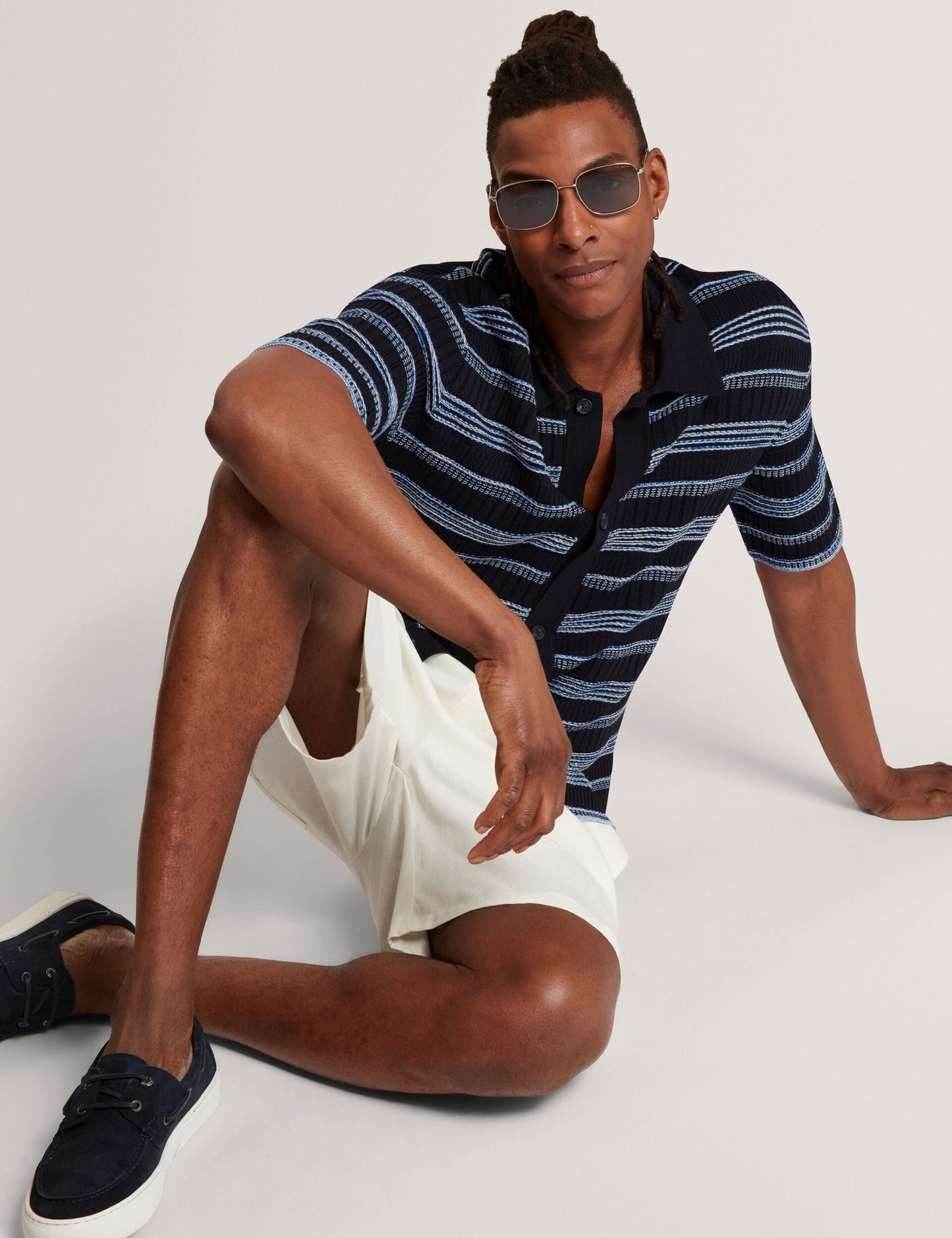 Ted Baker FLOREM Stitched Stripe Knit Short Sleeve Shirt NAVY