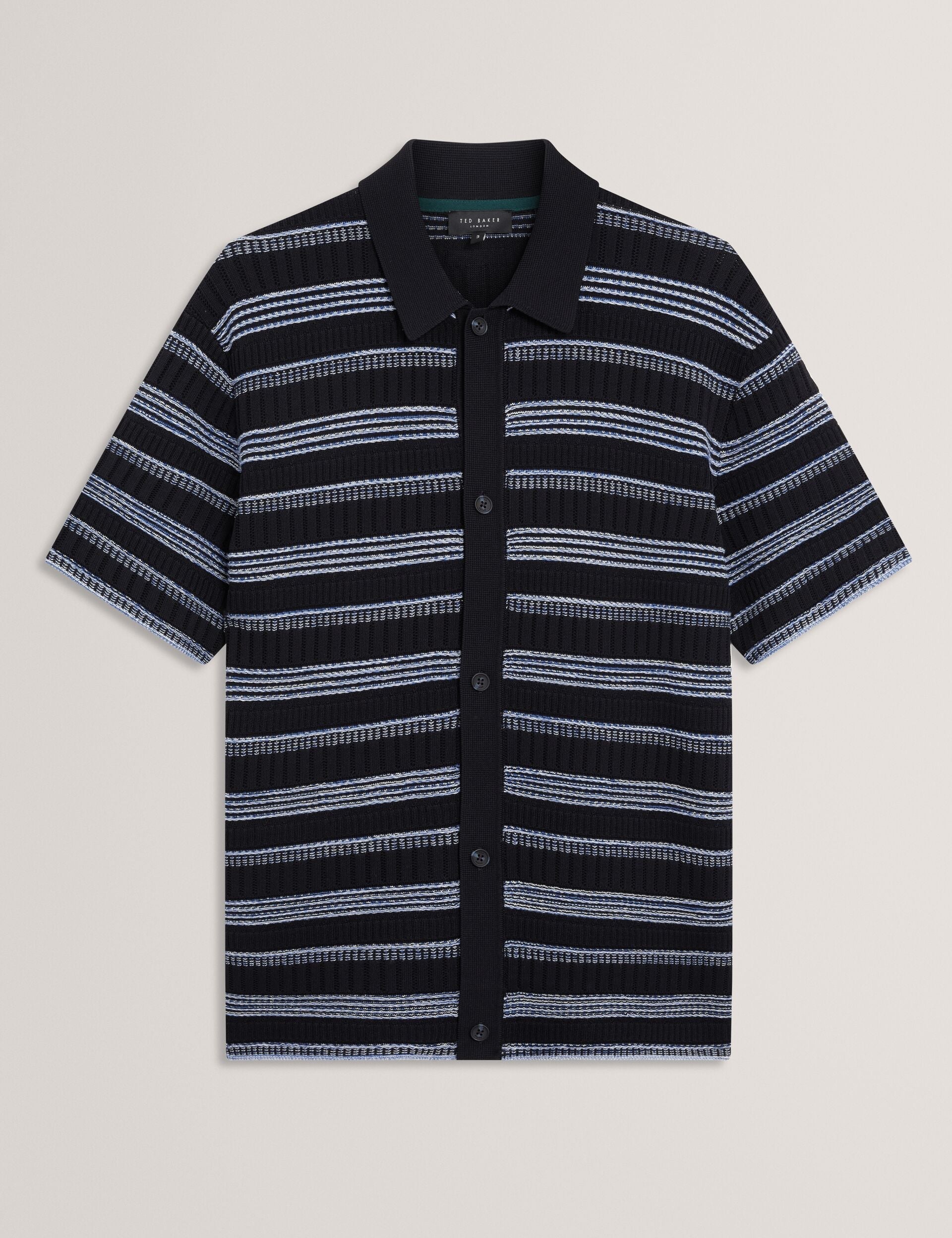 Ted Baker FLOREM Stitched Stripe Knit Short Sleeve Shirt NAVY