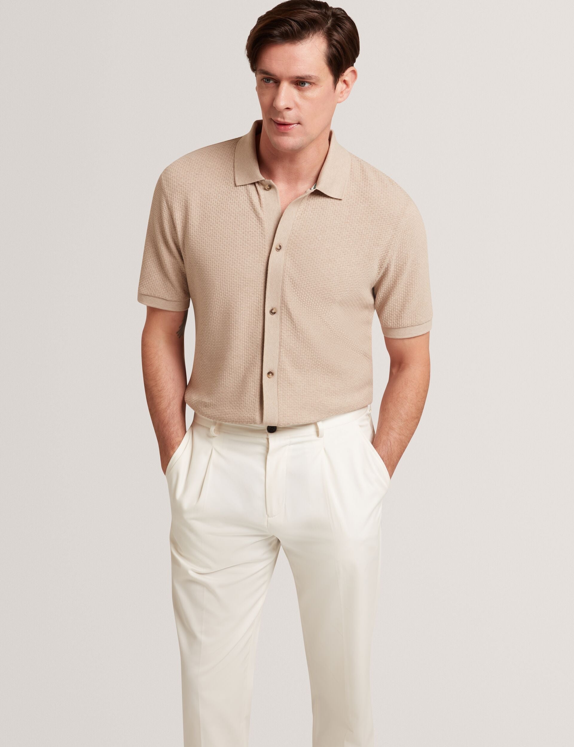 Ted Baker CONNYR Textured Knit Button-Through Polo Shirt CAMEL