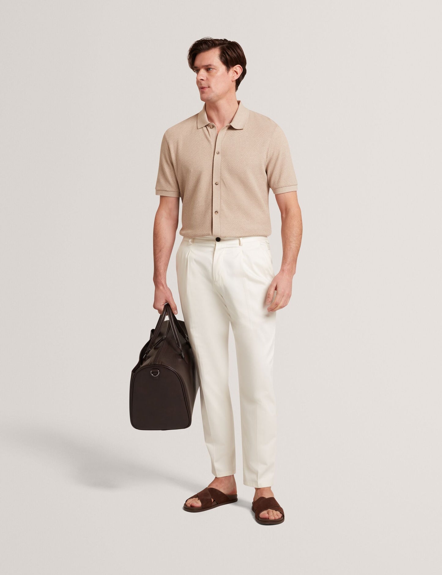 Ted Baker CONNYR Textured Knit Button-Through Polo Shirt CAMEL