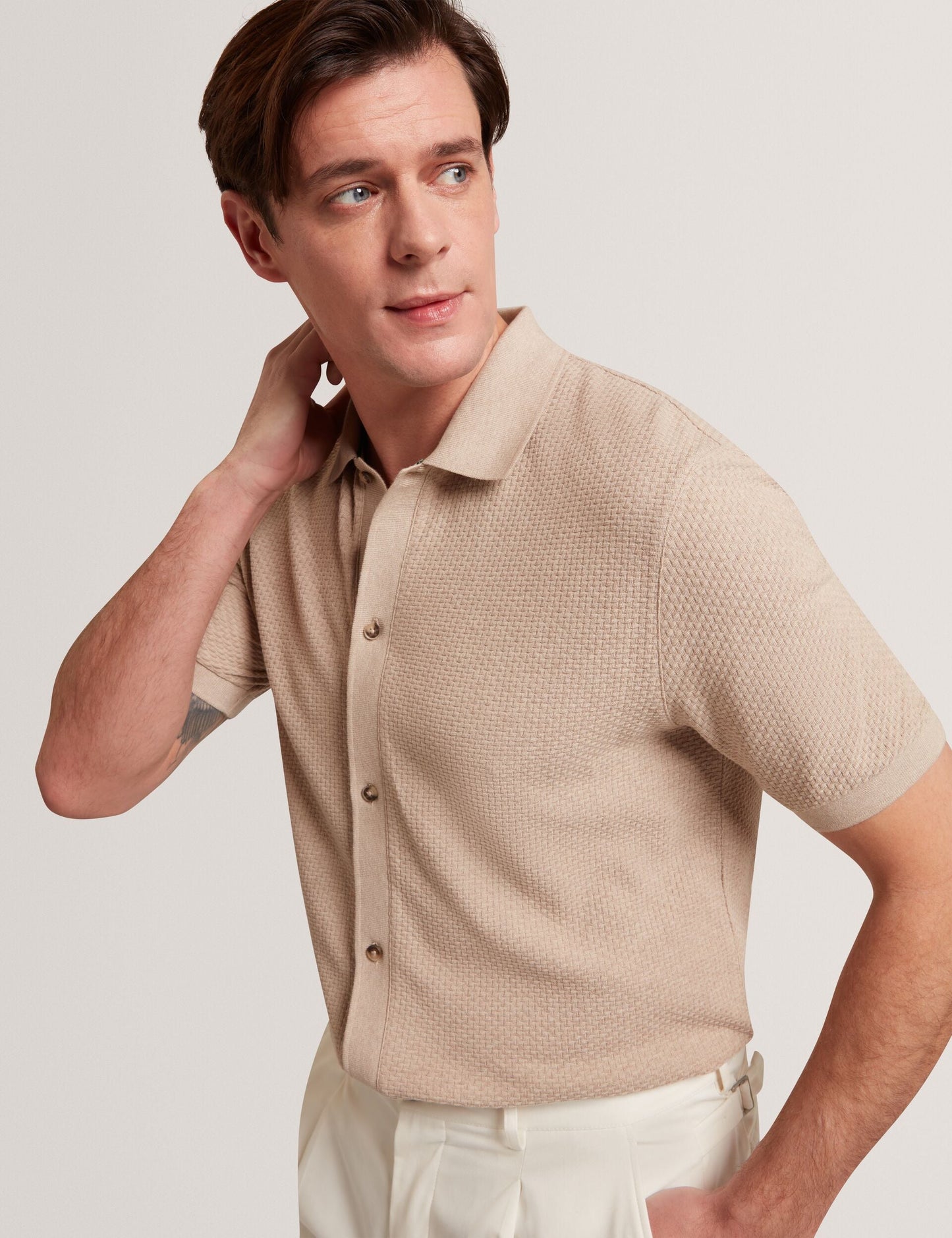 Ted Baker CONNYR Textured Knit Button-Through Polo Shirt CAMEL