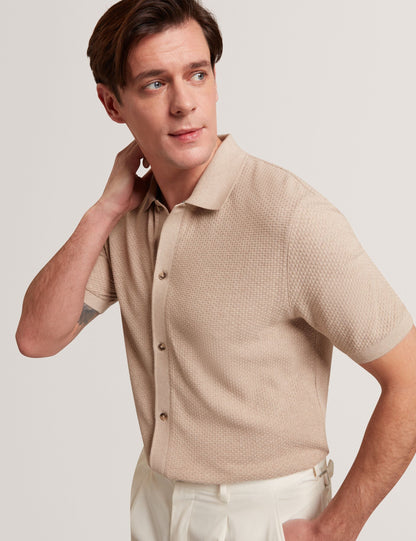 Ted Baker CONNYR Textured Knit Button-Through Polo Shirt CAMEL