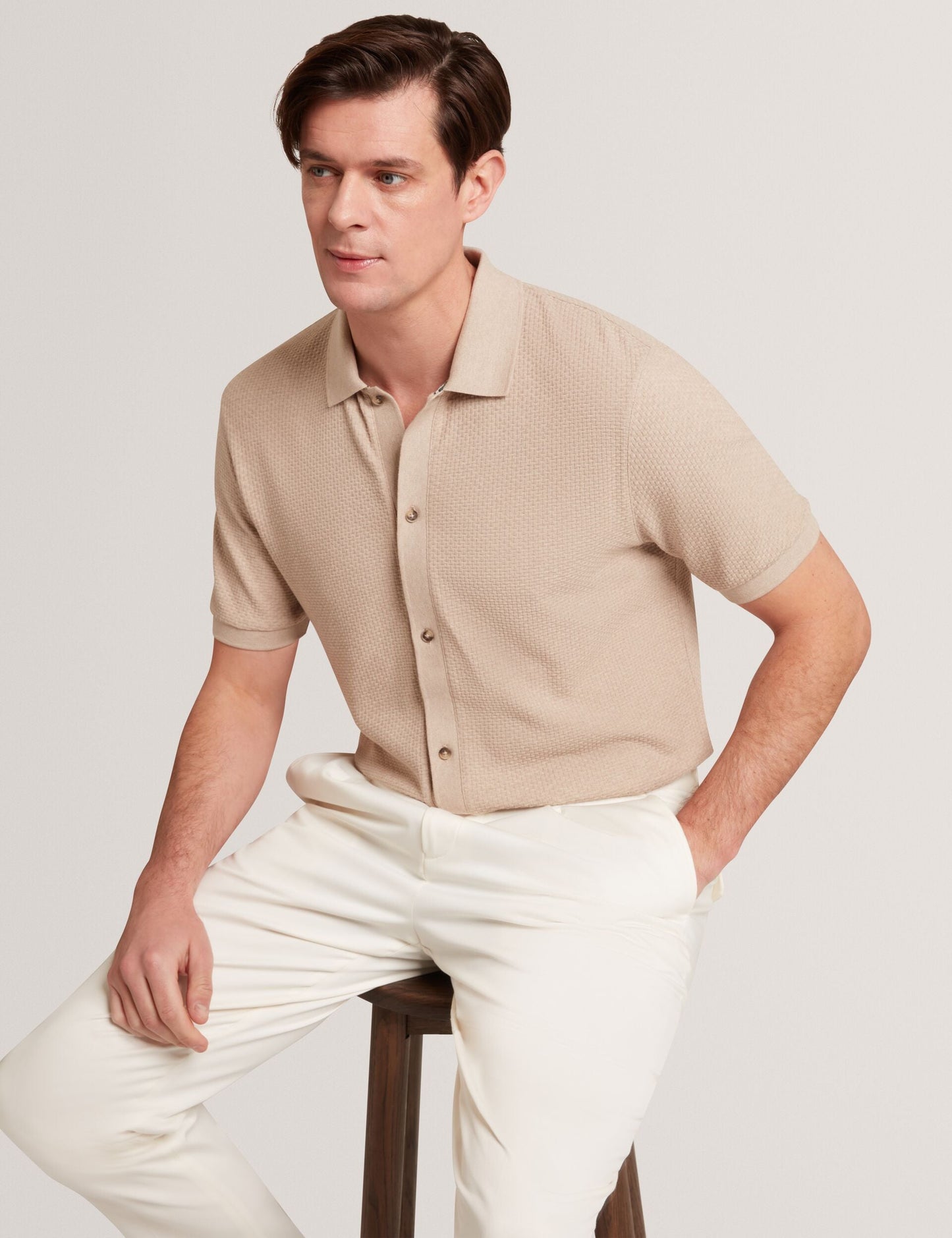 Ted Baker CONNYR Textured Knit Button-Through Polo Shirt CAMEL