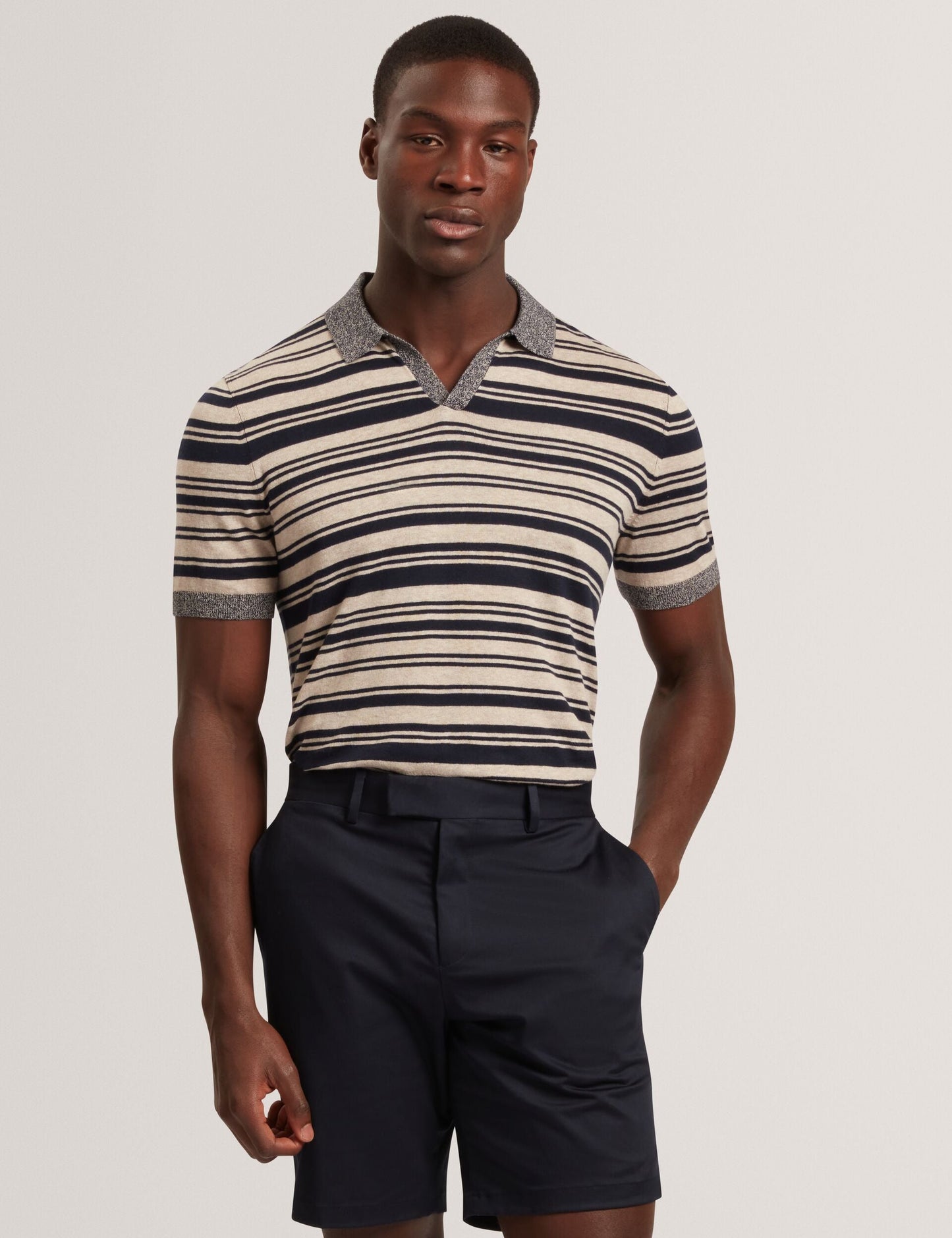 Ted Baker BRODI Striped Linen Blend Knitted Polo Shirt NAVY