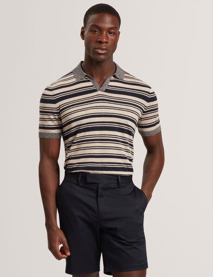 Ted Baker BRODI Striped Linen Blend Knitted Polo Shirt NAVY