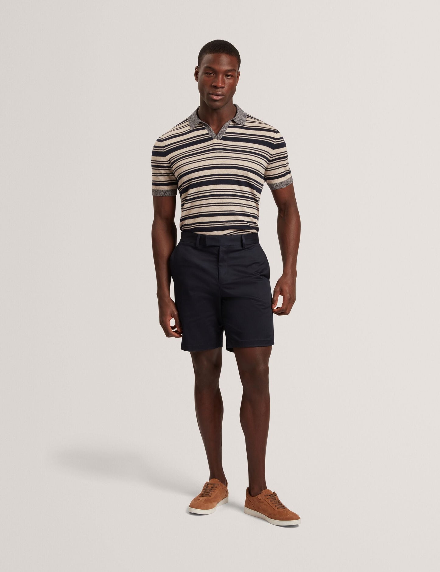 Ted Baker BRODI Striped Linen Blend Knitted Polo Shirt NAVY