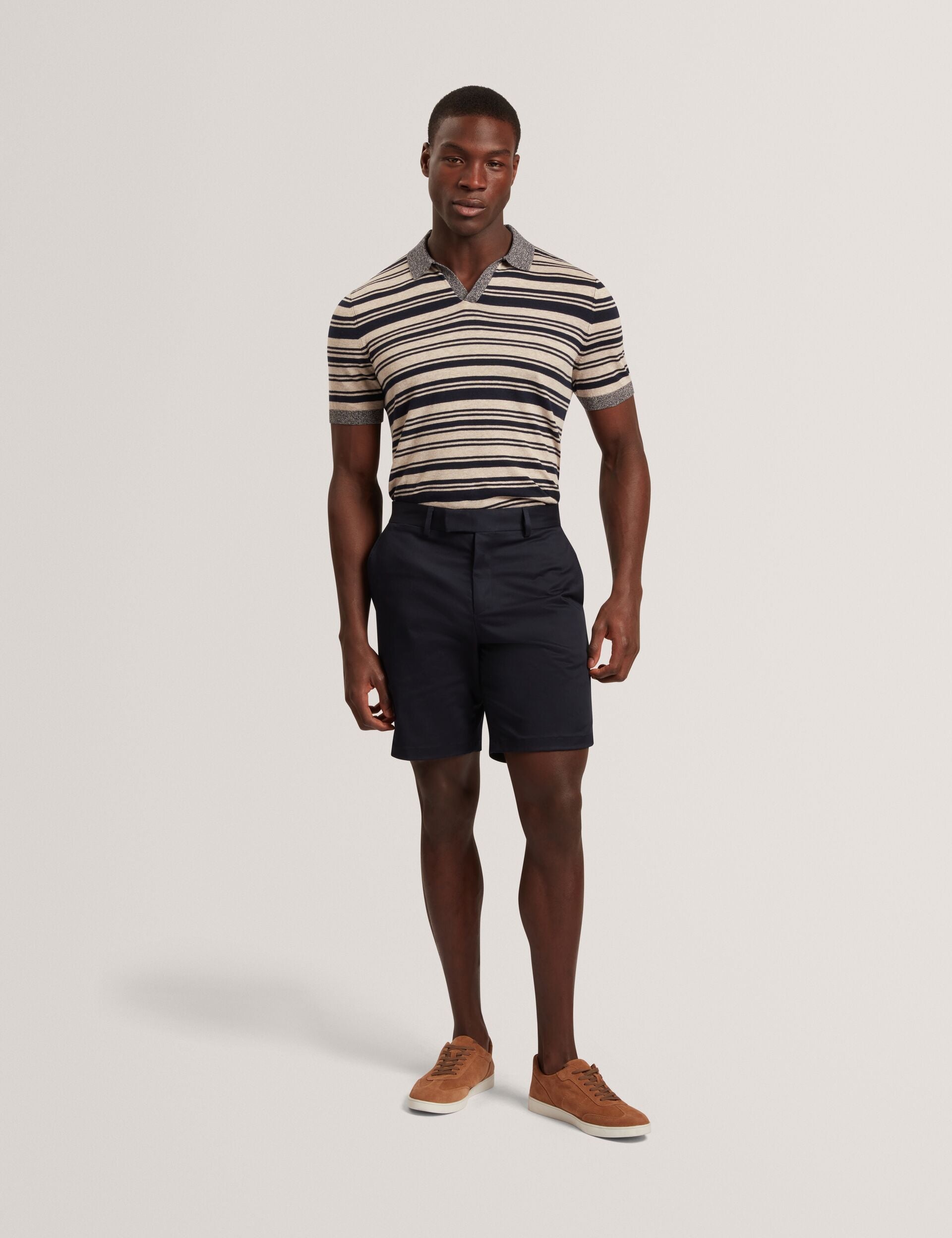 Ted Baker BRODI Striped Linen Blend Knitted Polo Shirt NAVY