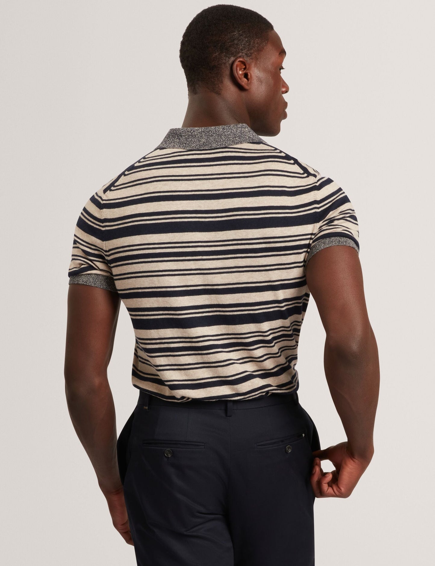 Ted Baker BRODI Striped Linen Blend Knitted Polo Shirt NAVY