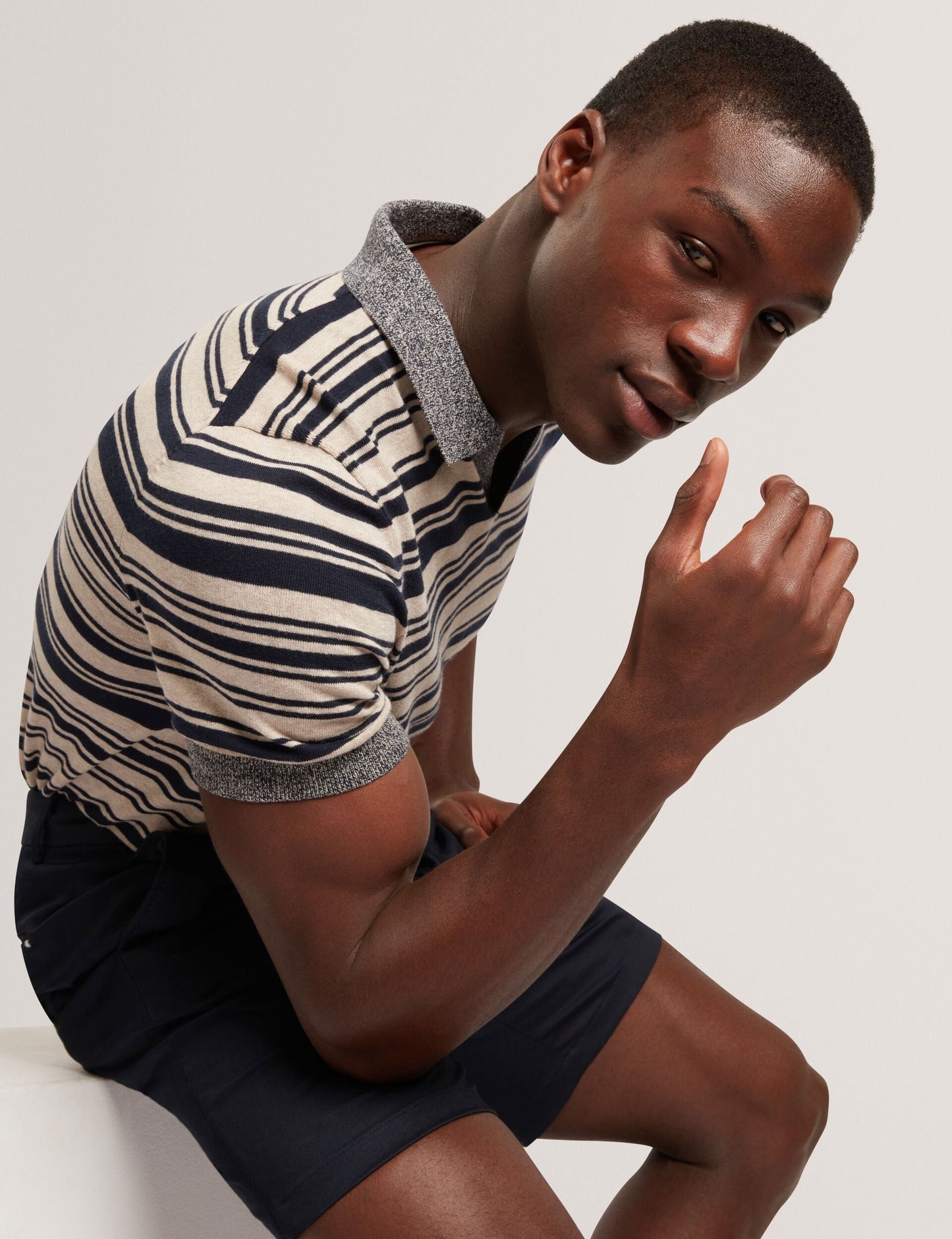 Ted Baker BRODI Striped Linen Blend Knitted Polo Shirt NAVY
