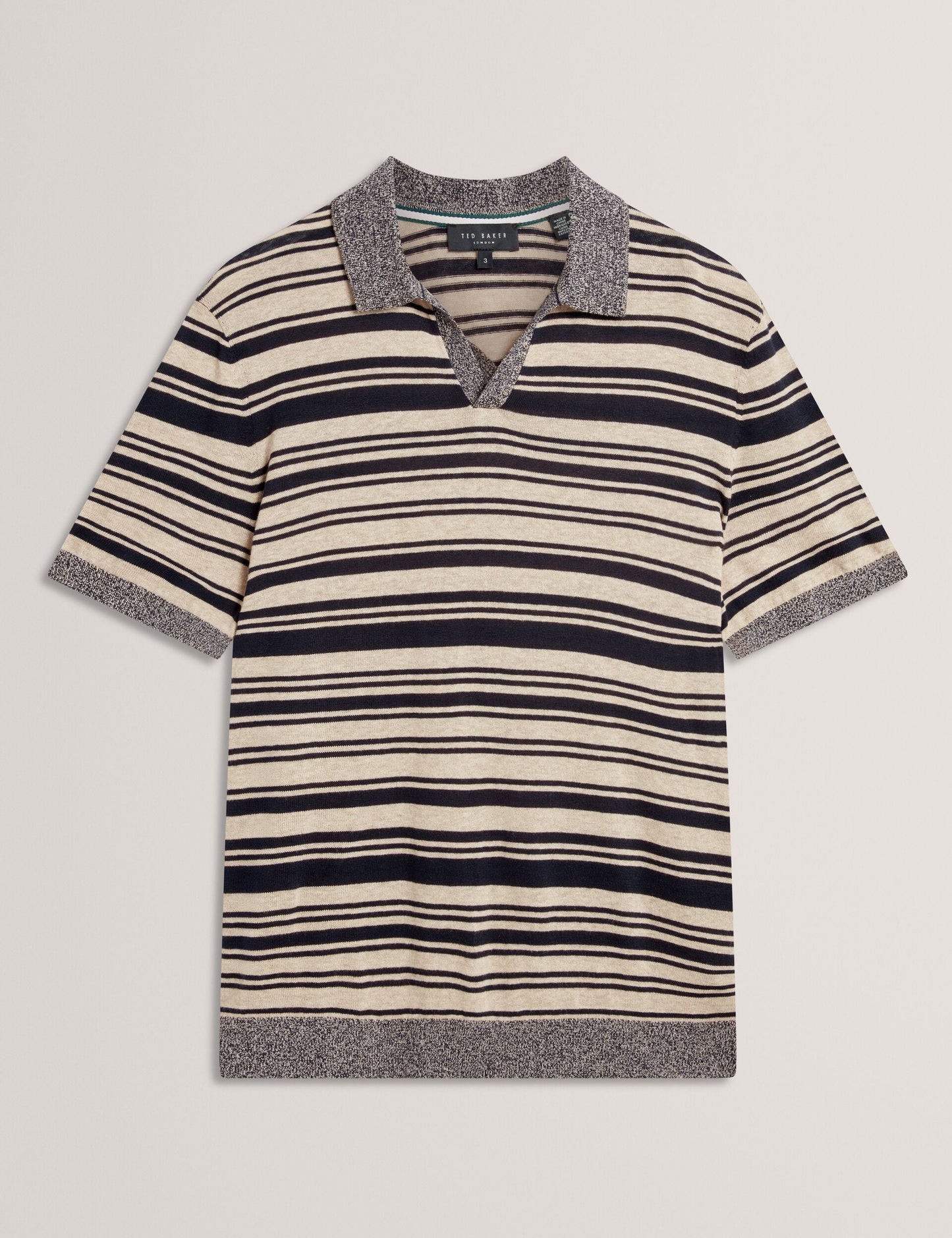 Ted Baker BRODI Striped Linen Blend Knitted Polo Shirt NAVY