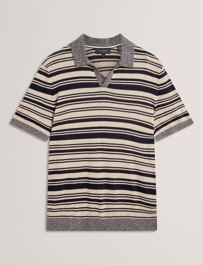 Ted Baker BRODI Striped Linen Blend Knitted Polo Shirt NAVY