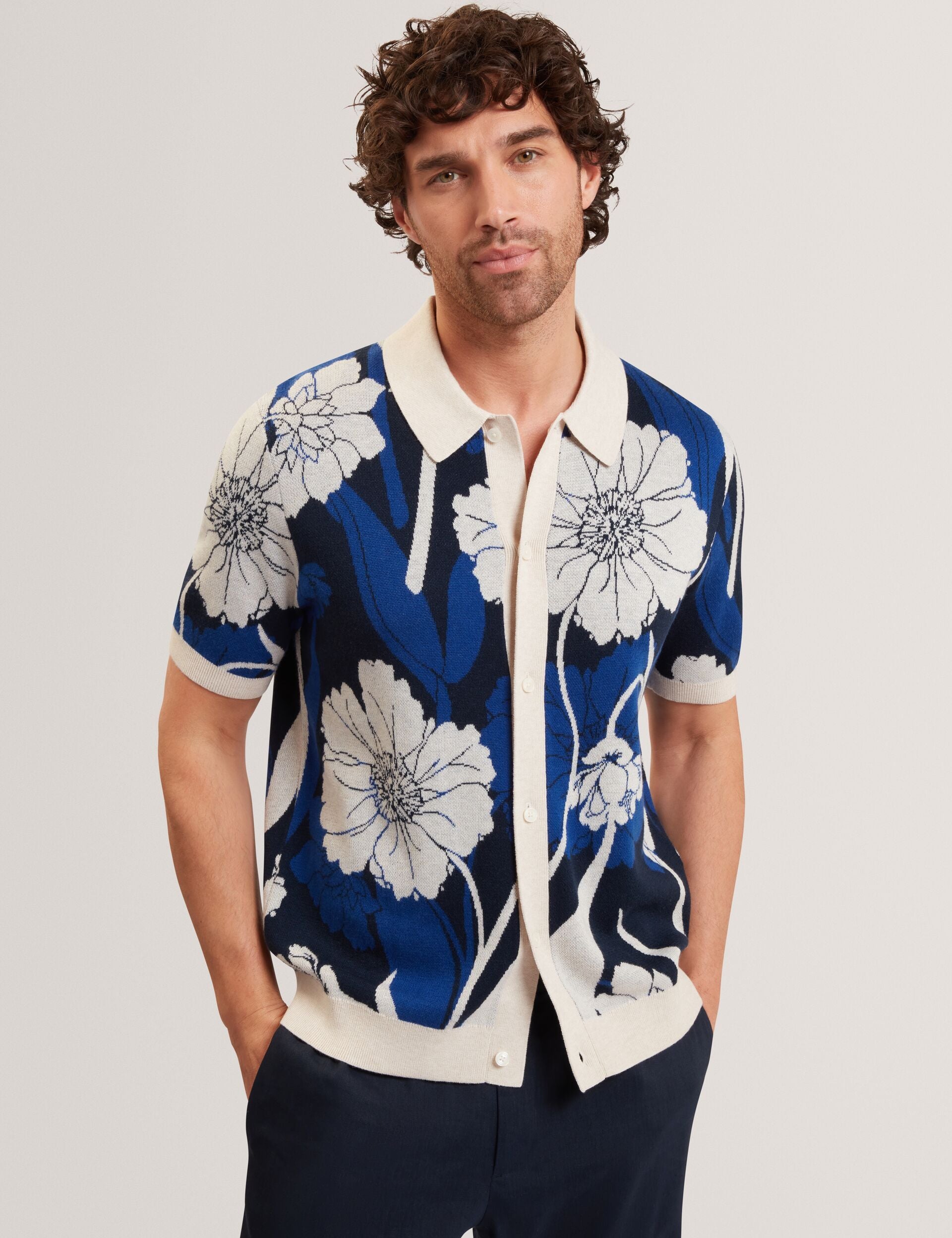 Ted Baker ALDERY Jacquard Botanical Print Wool Blend Shirt BRIGHT BLUE