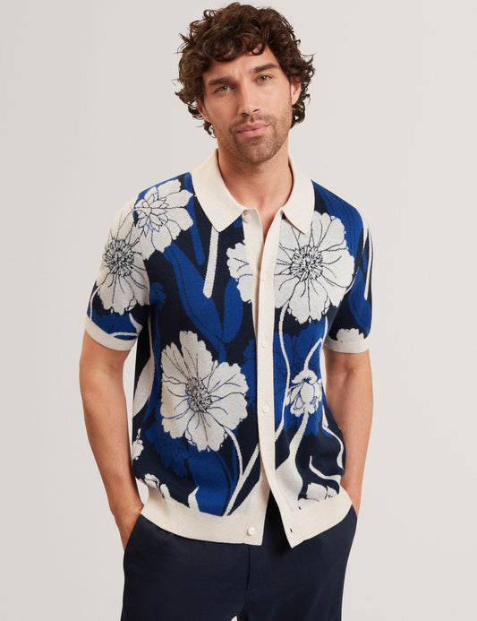 Ted Baker ALDERY Jacquard Botanical Print Wool Blend Shirt BRIGHT BLUE
