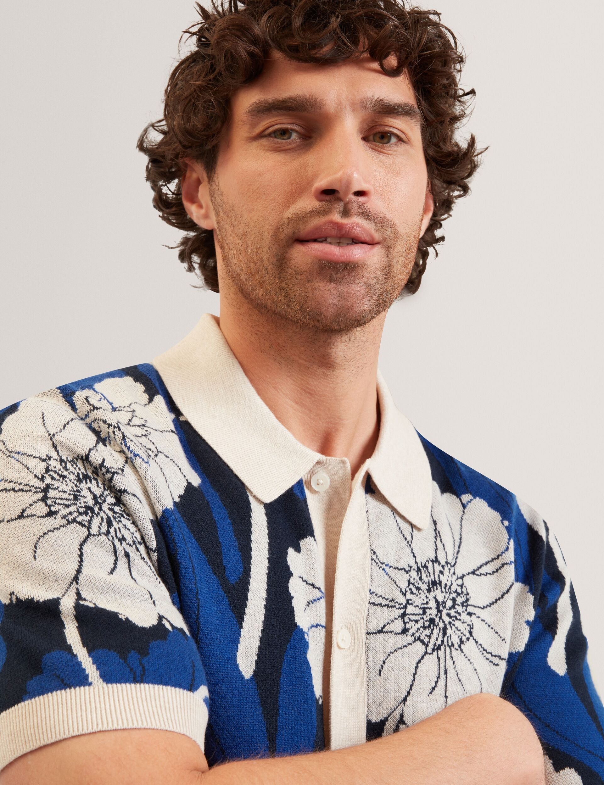 Ted Baker ALDERY Jacquard Botanical Print Wool Blend Shirt BRIGHT BLUE