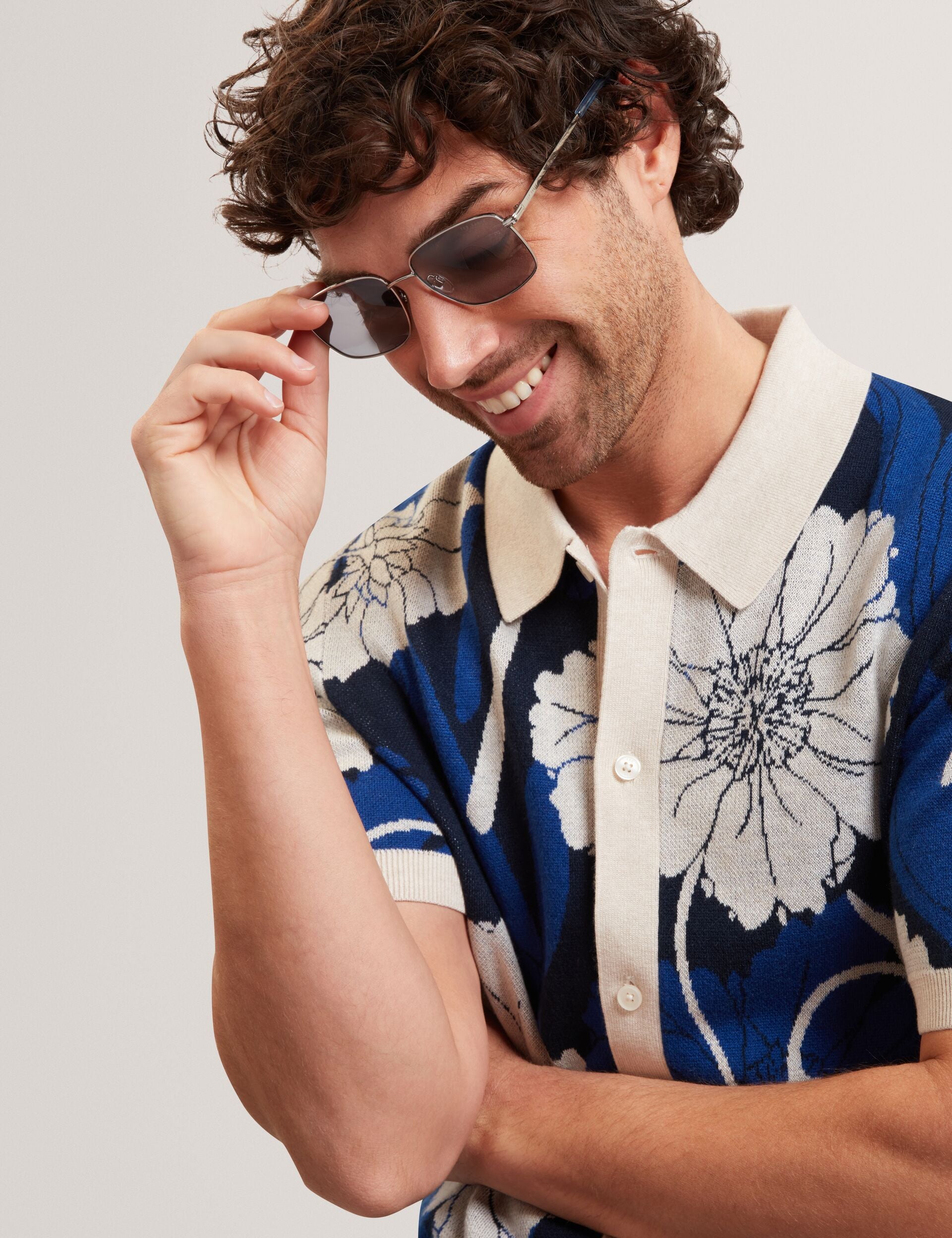 Ted Baker ALDERY Jacquard Botanical Print Wool Blend Shirt BRIGHT BLUE