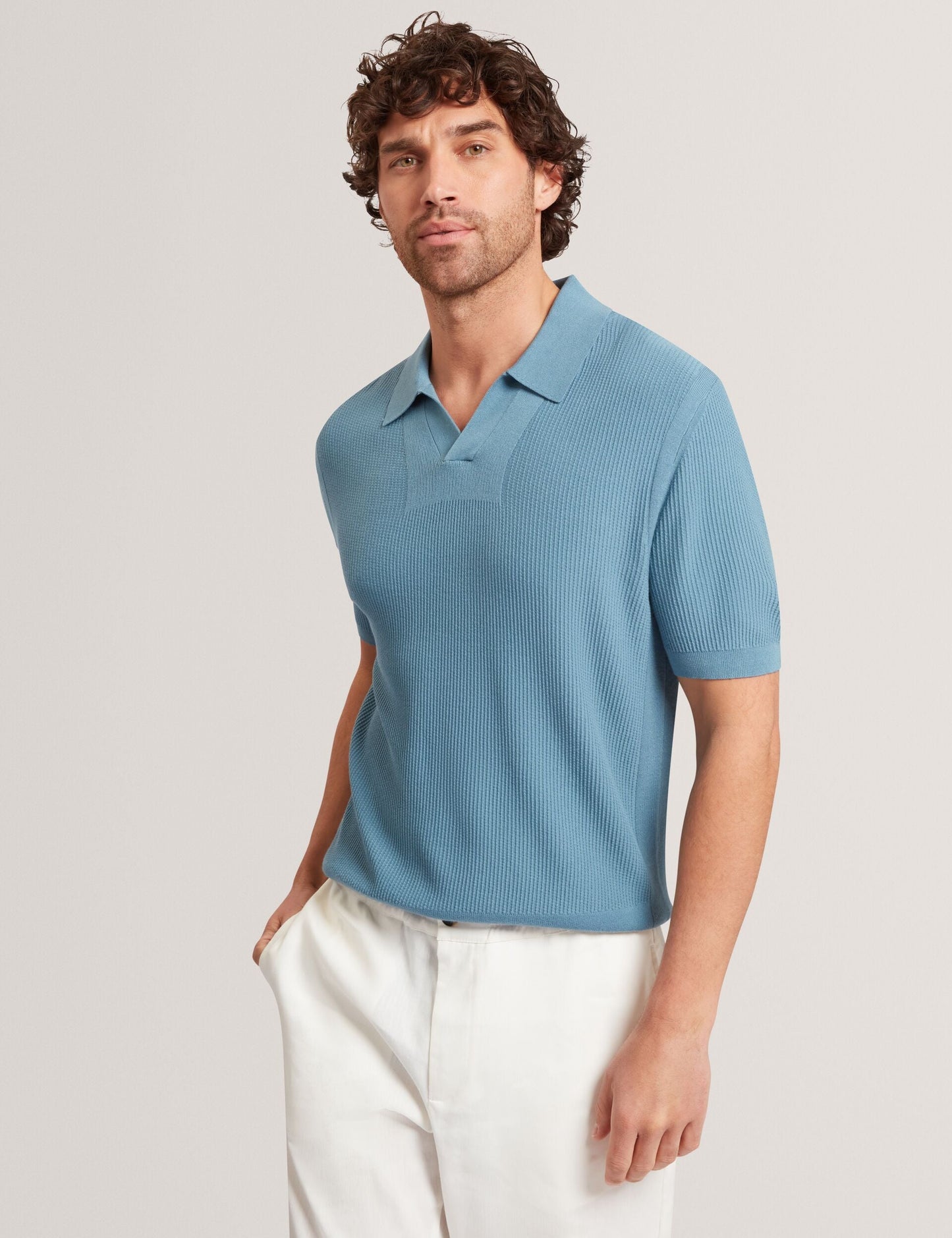Ted Baker AINDREA Stitched Rib Open Neck Polo Shirt BRIGHT BLUE