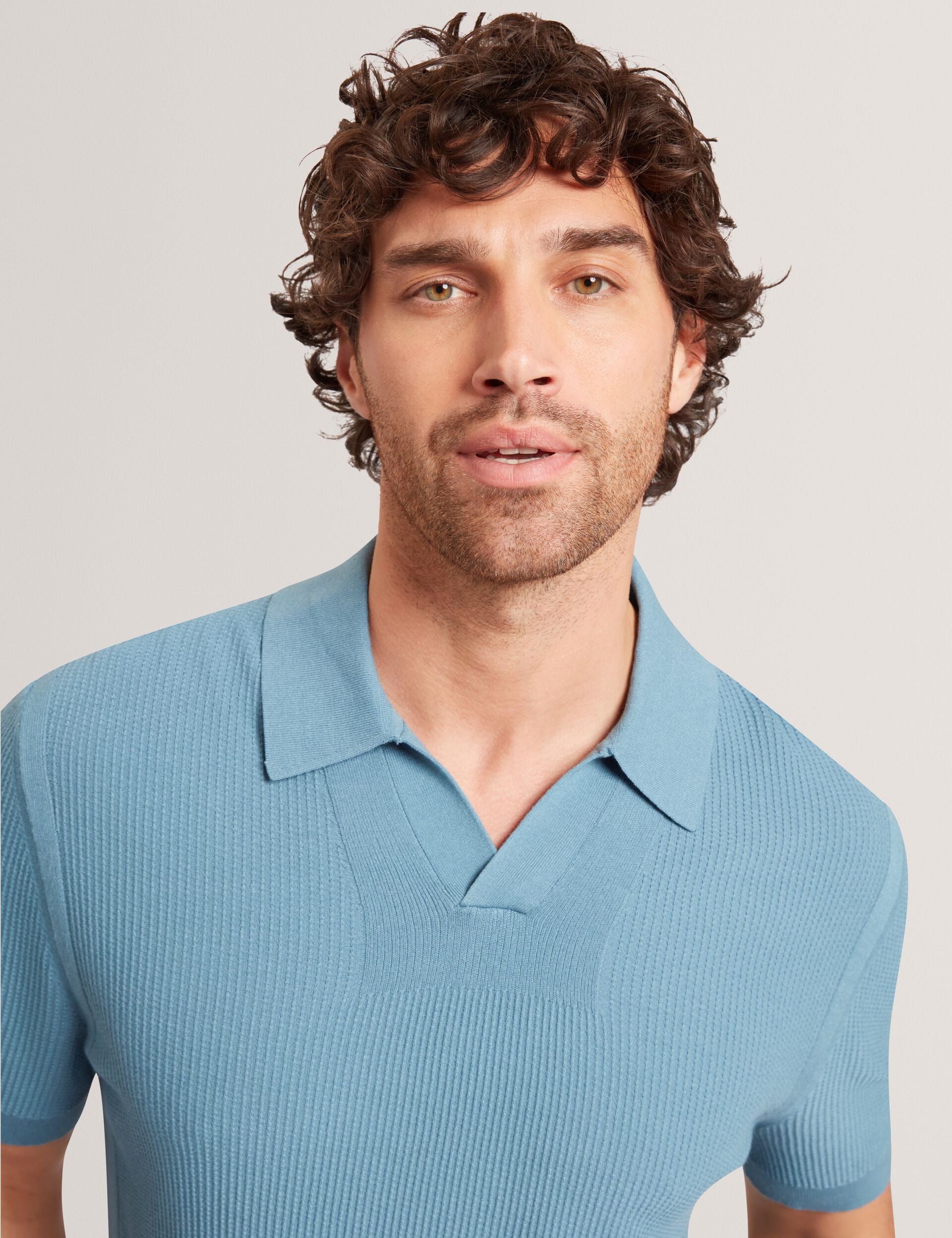 Ted Baker AINDREA Stitched Rib Open Neck Polo Shirt BRIGHT BLUE