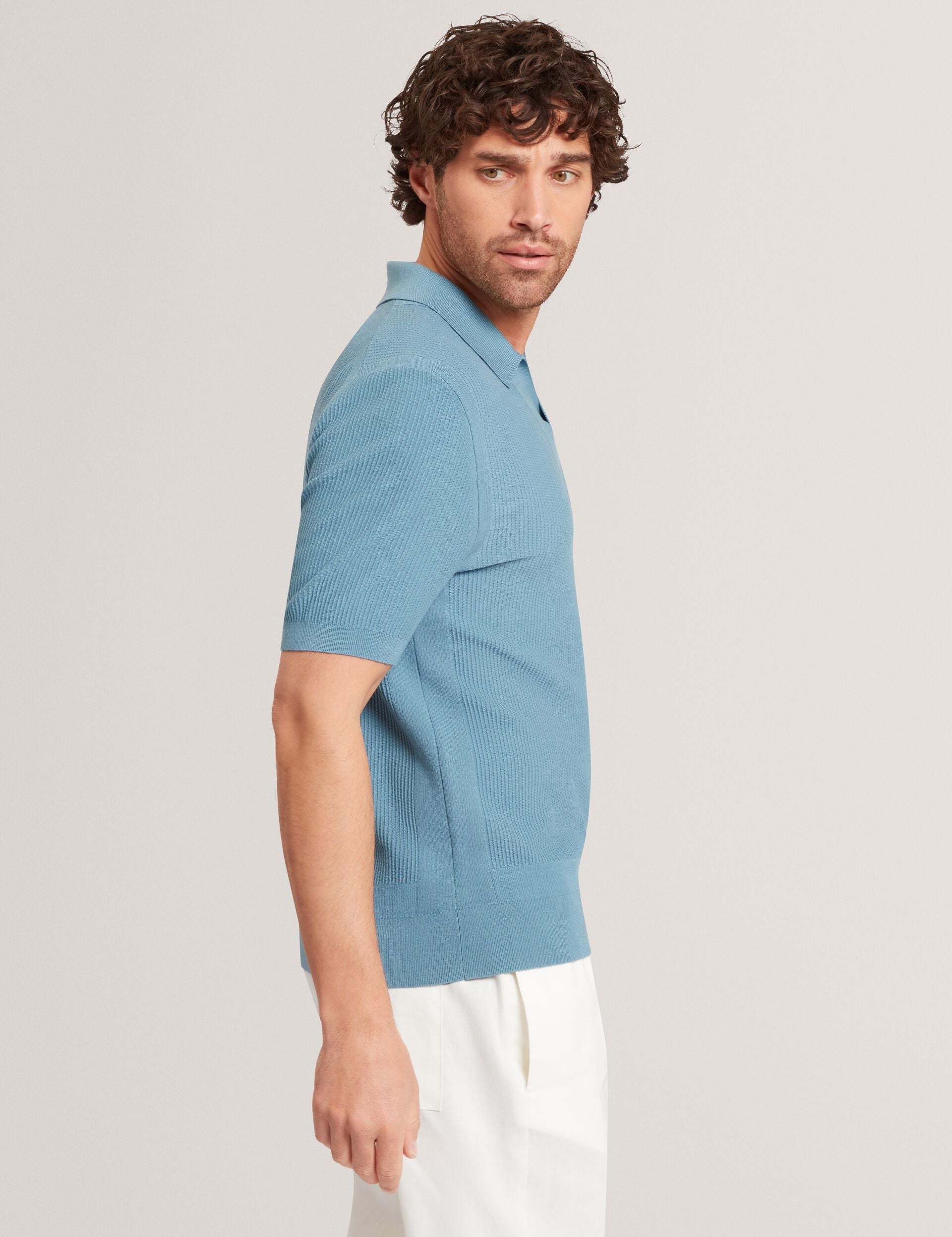 Ted Baker AINDREA Stitched Rib Open Neck Polo Shirt BRIGHT BLUE