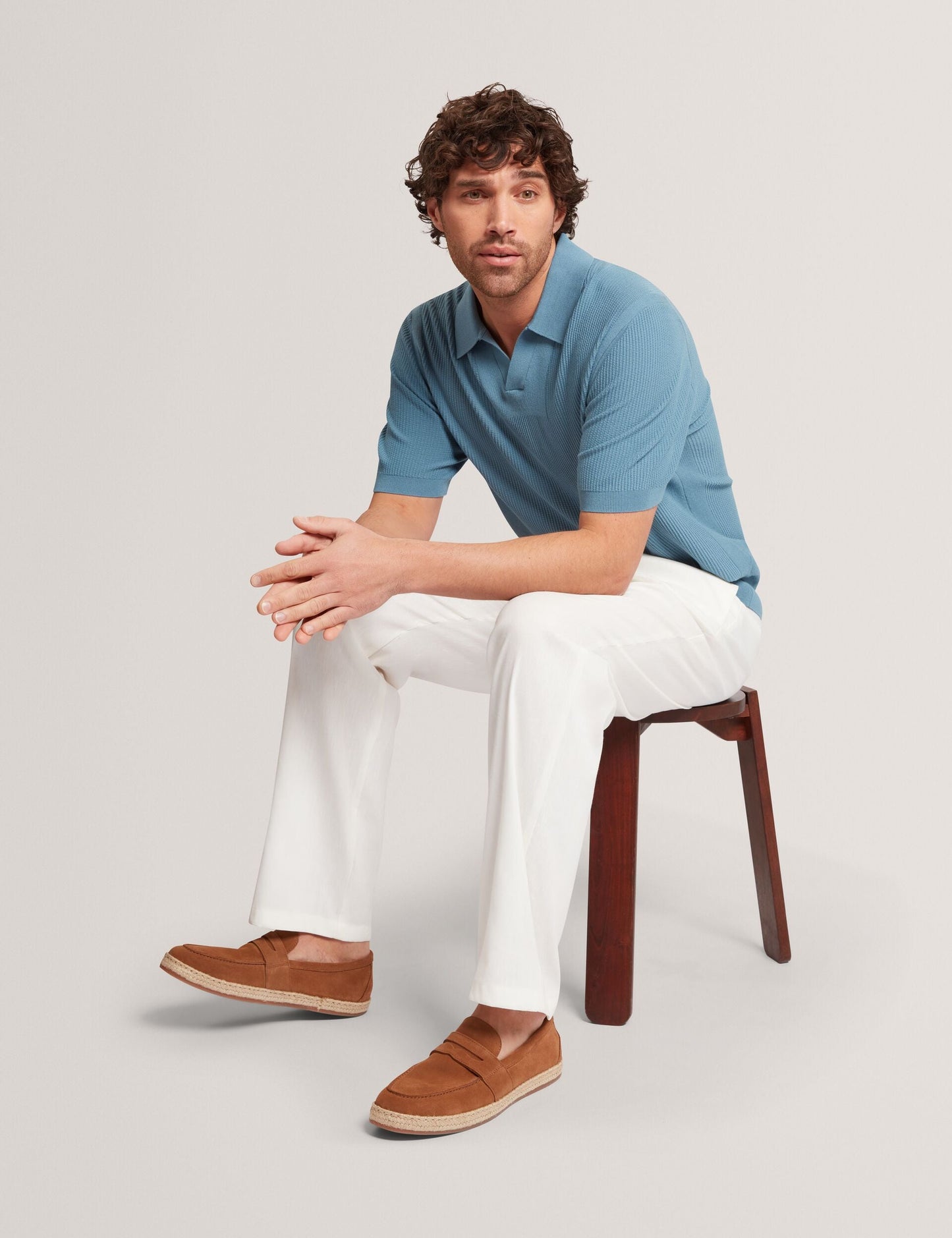 Ted Baker AINDREA Stitched Rib Open Neck Polo Shirt BRIGHT BLUE
