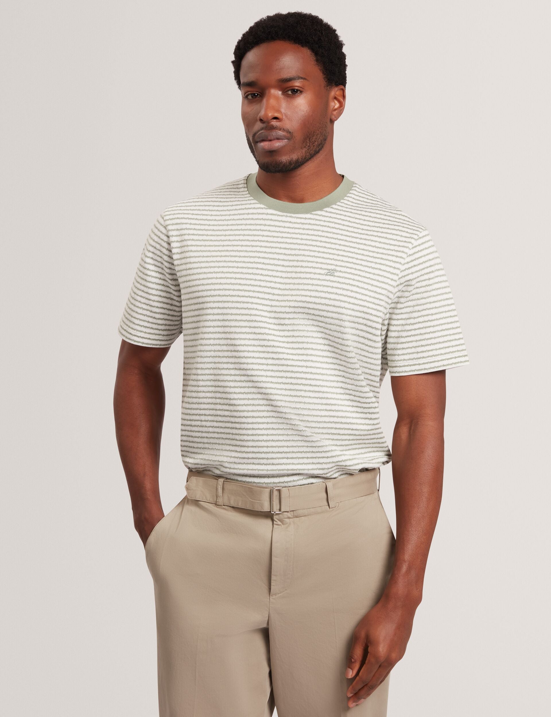 Ted Baker VEXRIN Textural Stripe Crew Neck Cotton T-Shirt MID GREEN