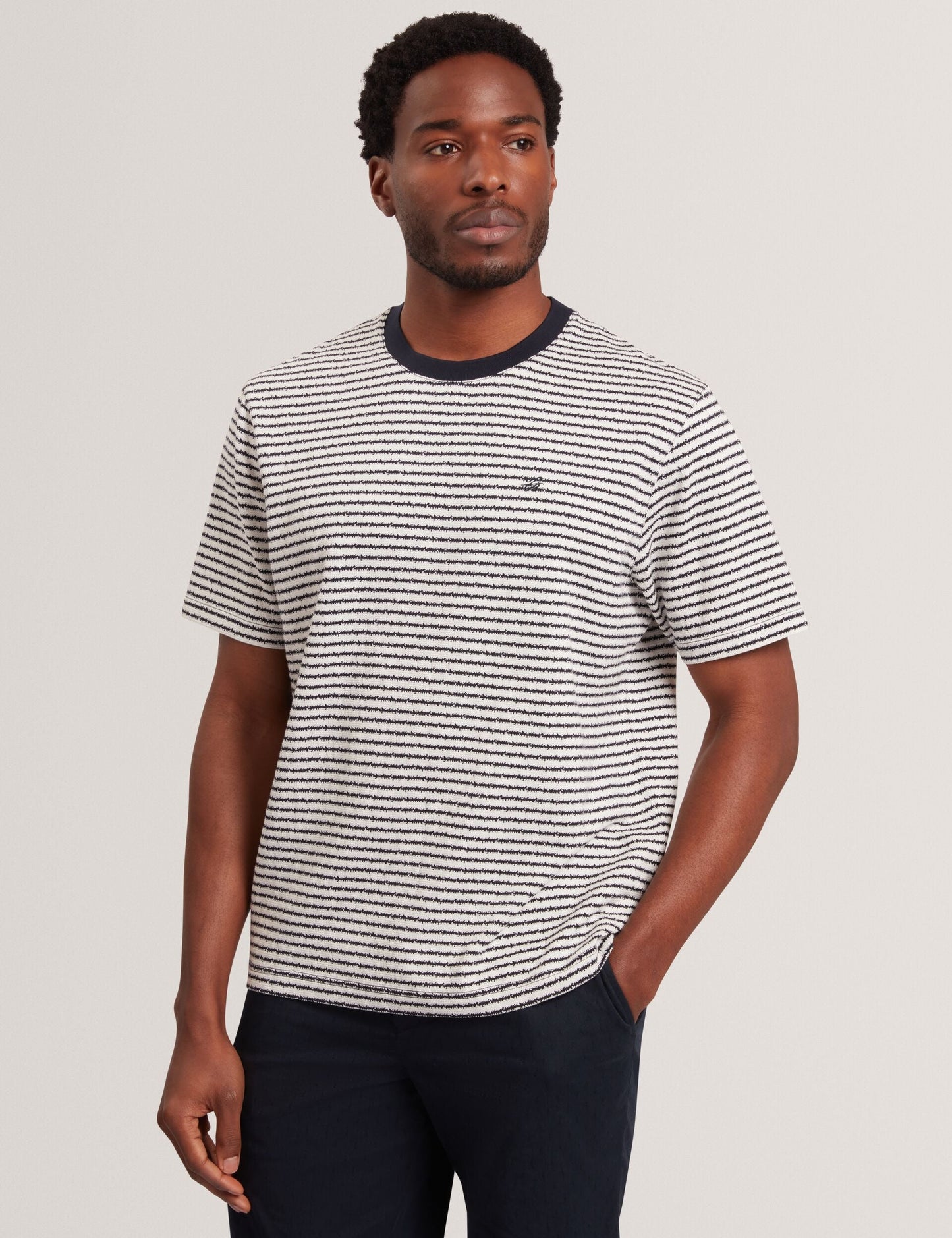 Ted Baker VEXRIN Textural Stripe Crew Neck Cotton T-Shirt NAVY