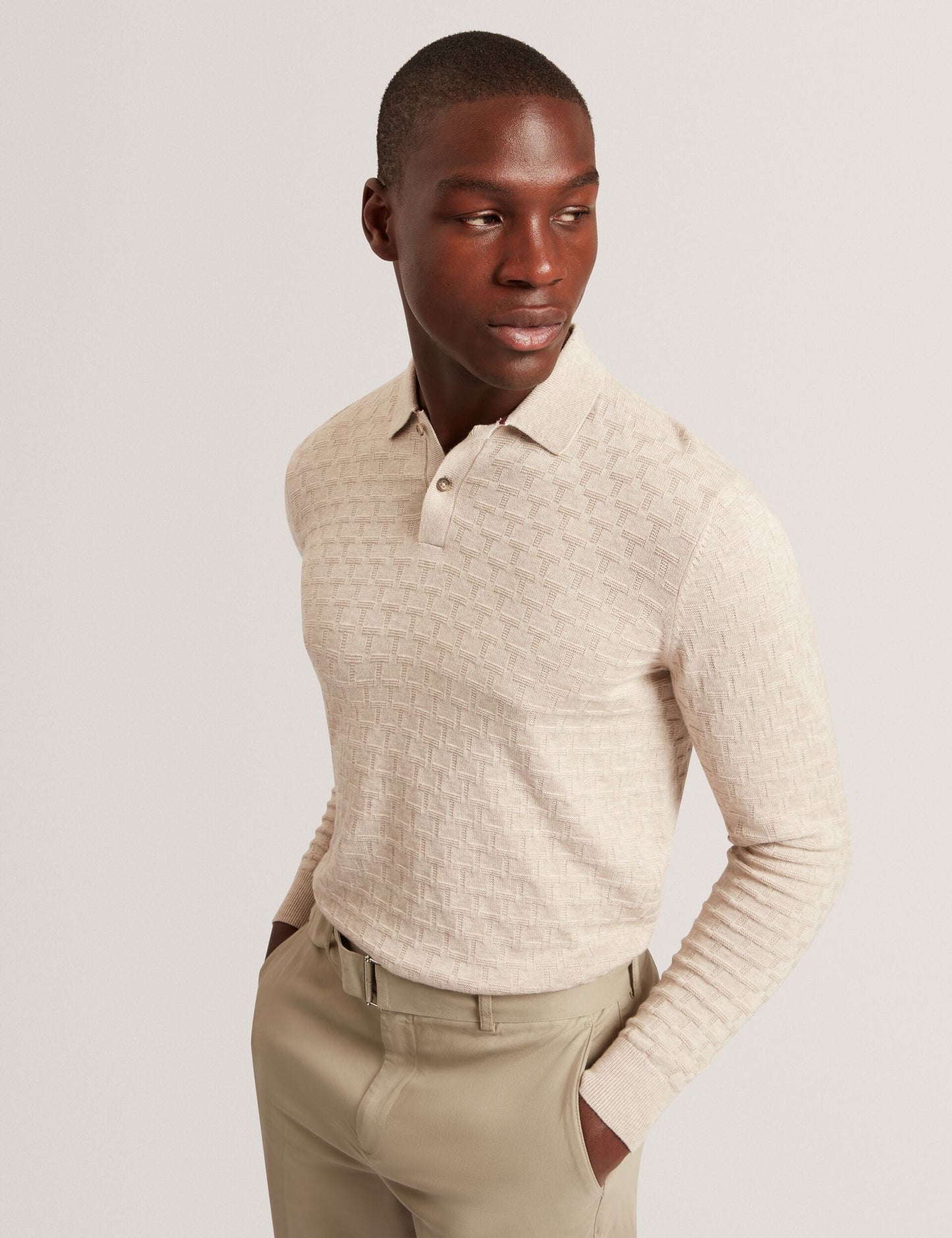 Ted Baker GATEN Branded Texture Long Sleeve Polo NATURAL