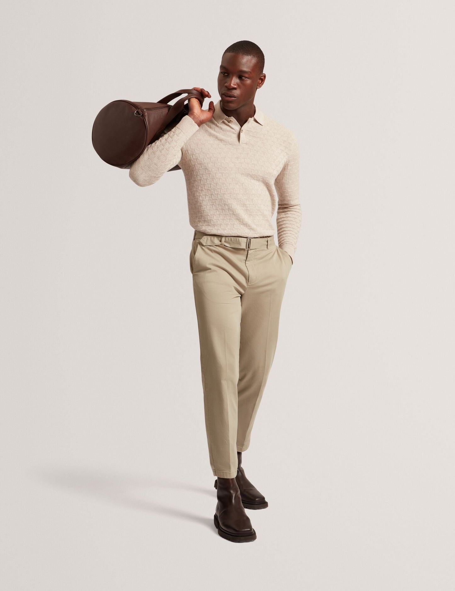 Ted Baker GATEN Branded Texture Long Sleeve Polo NATURAL