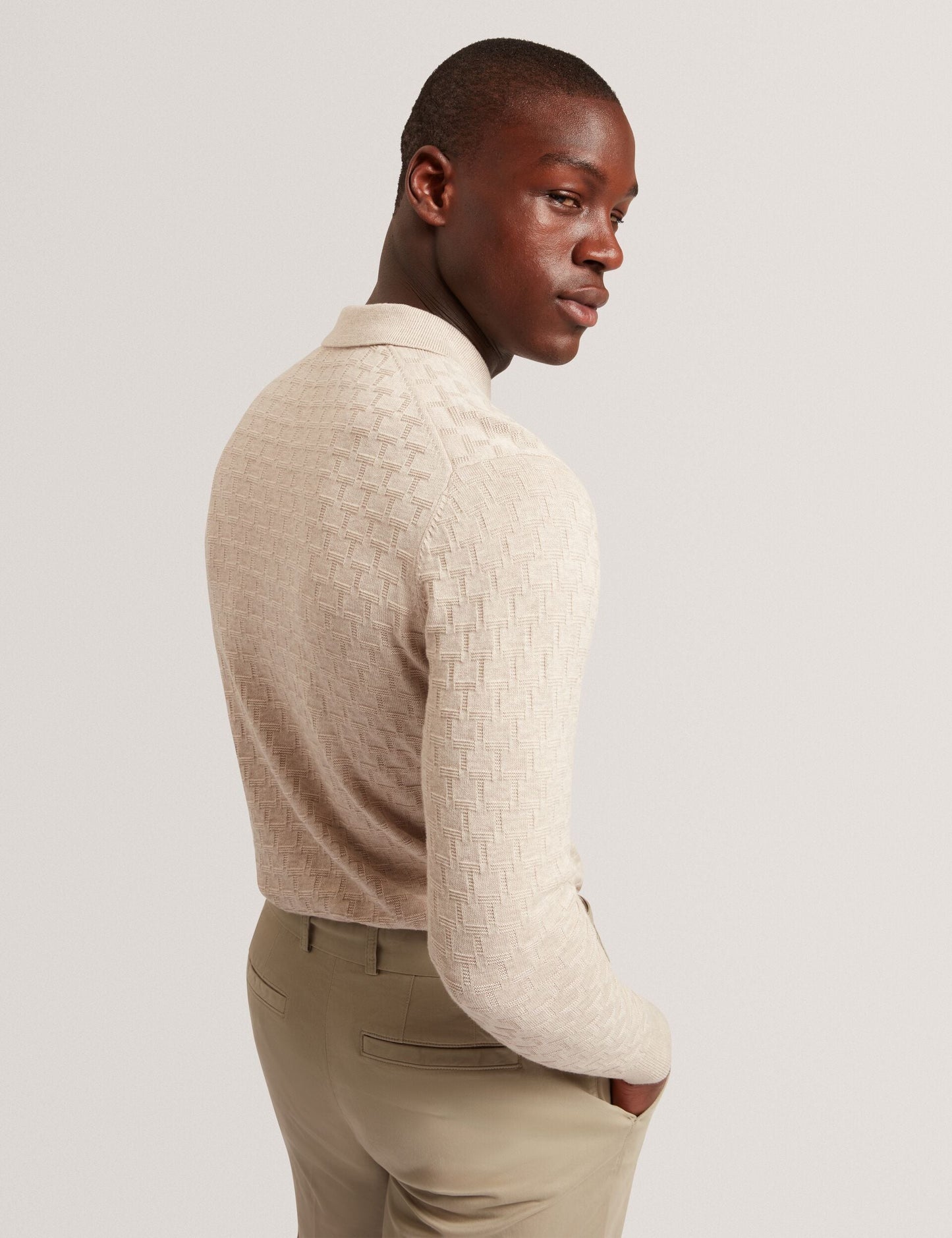 Ted Baker GATEN Branded Texture Long Sleeve Polo NATURAL