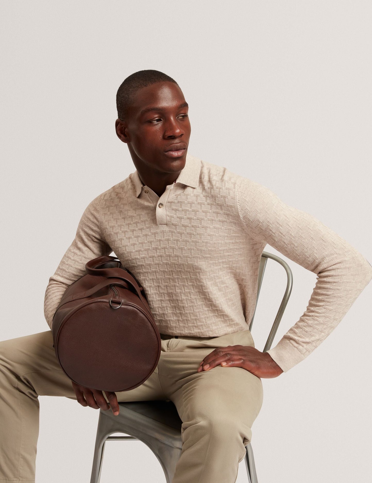 Ted Baker GATEN Branded Texture Long Sleeve Polo NATURAL