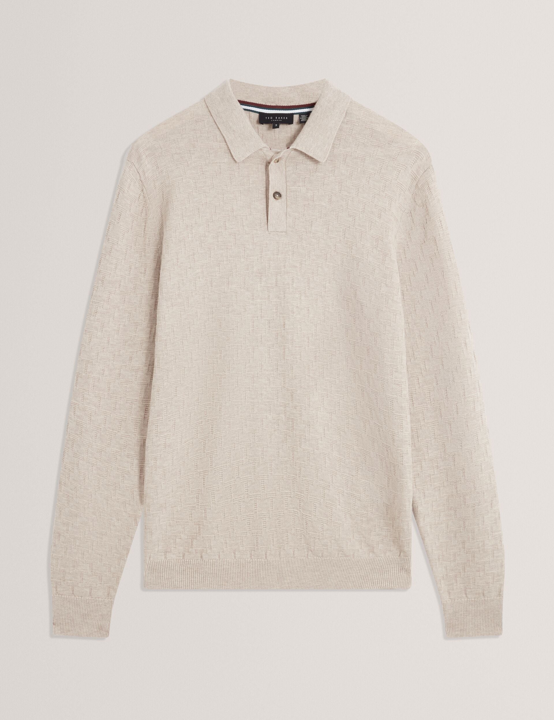 Ted Baker GATEN Branded Texture Long Sleeve Polo NATURAL