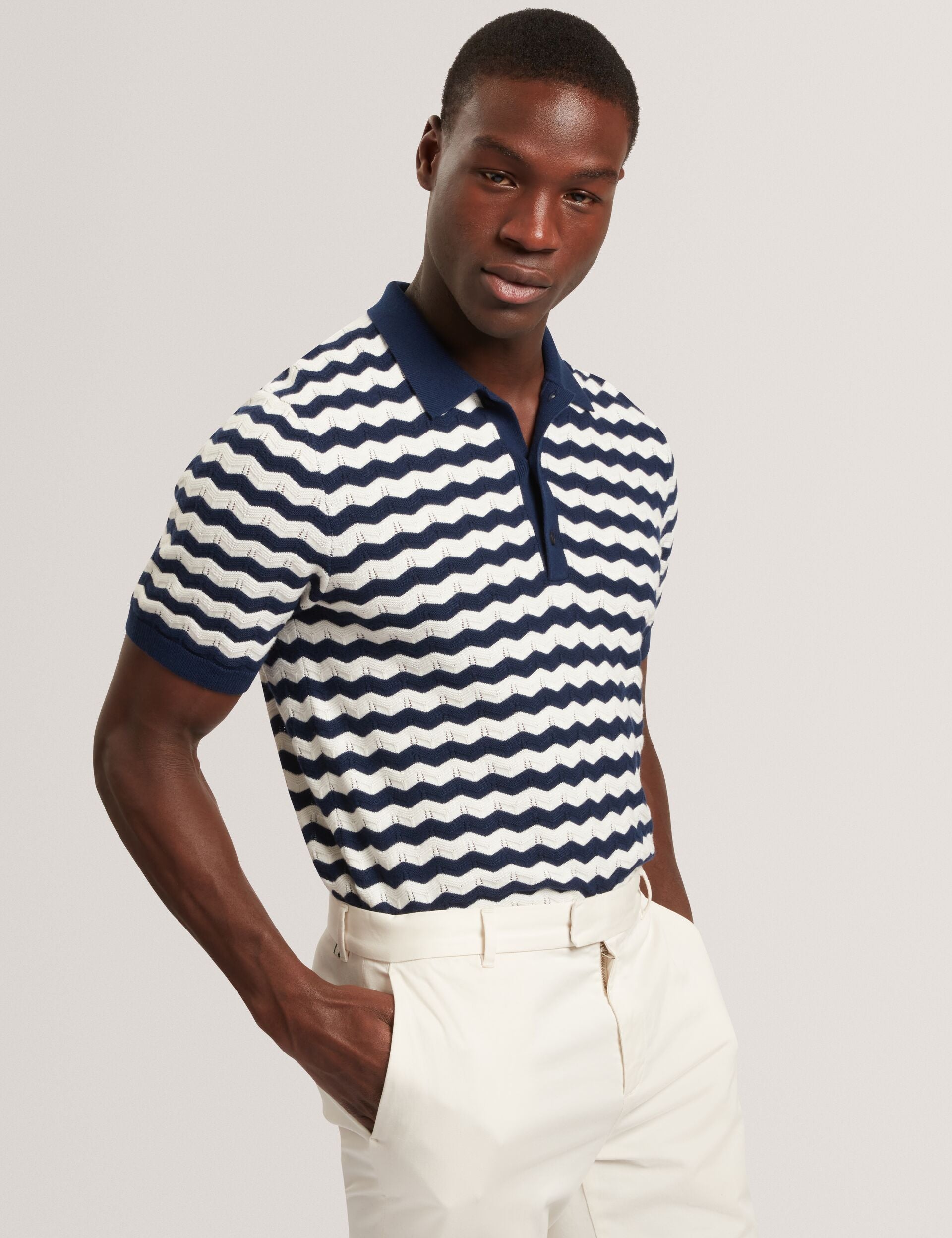 Ted Baker FROOBIE Wavy Stripe Merino Wool Blend Polo NAVY