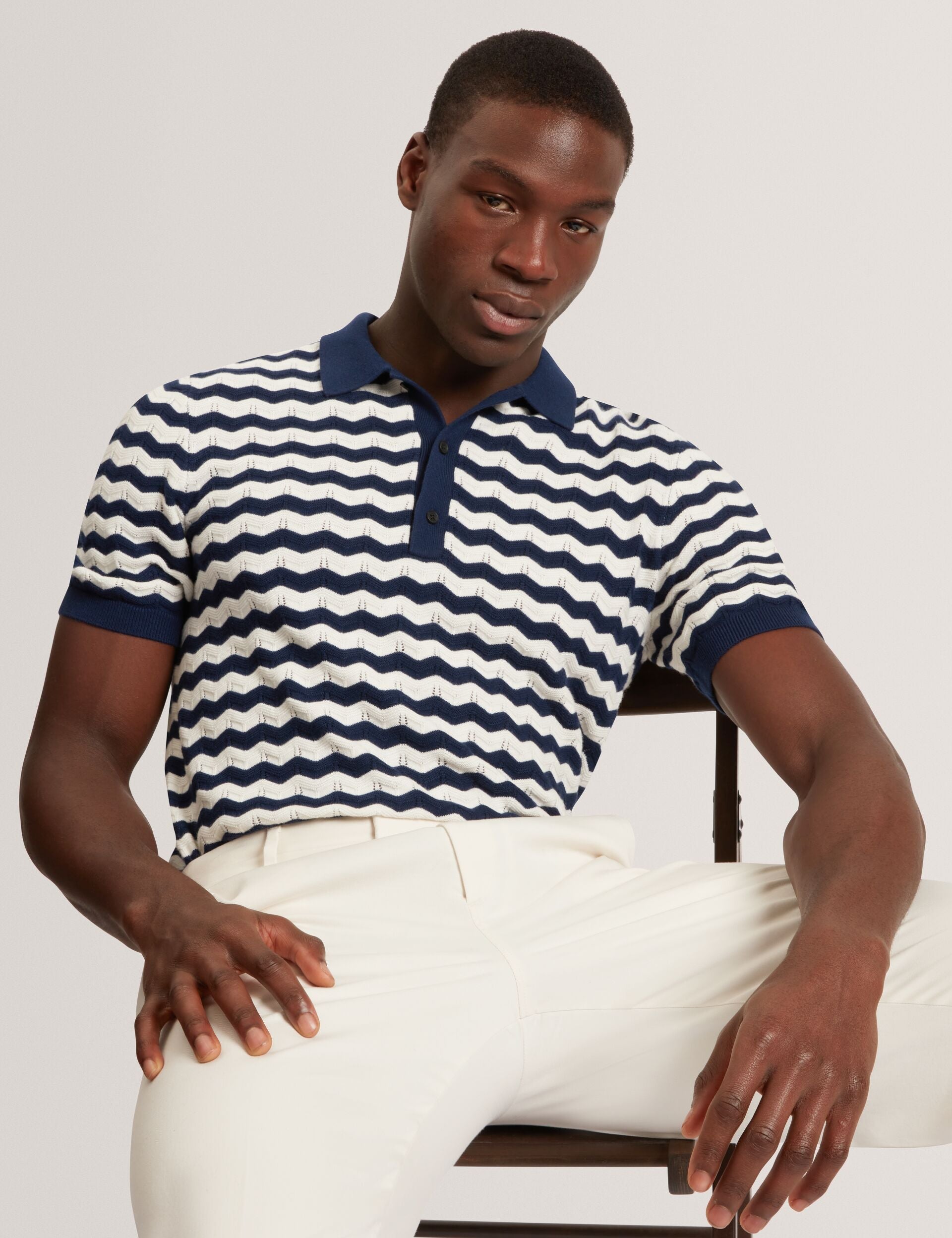 Ted Baker FROOBIE Wavy Stripe Merino Wool Blend Polo NAVY