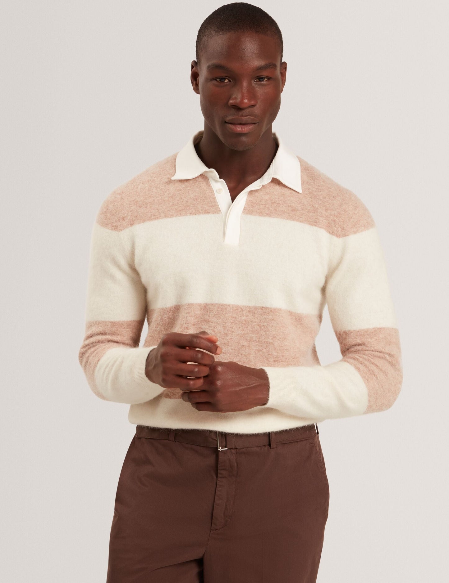 Ted Baker SOLARAN Alpaca Wool Block Stripe Rugby Shirt ECRU