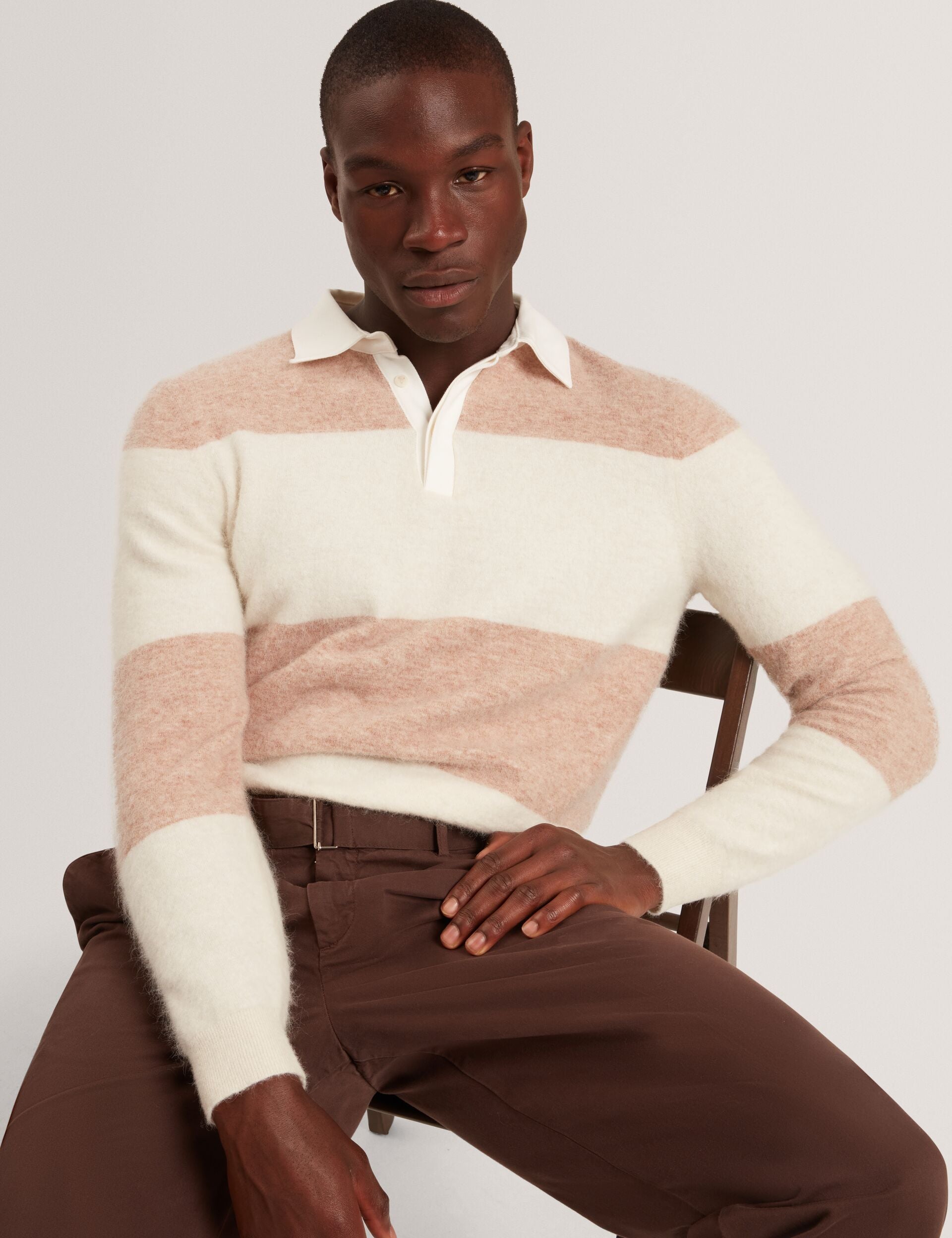 Ted Baker SOLARAN Alpaca Wool Block Stripe Rugby Shirt ECRU