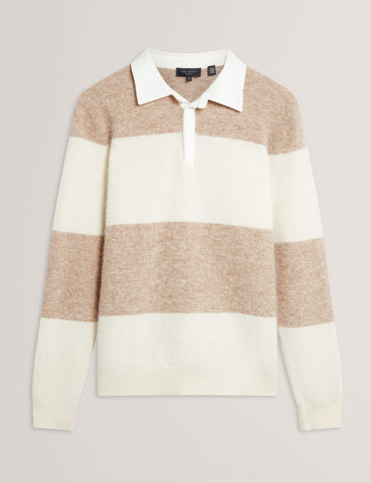 Ted Baker SOLARAN Alpaca Wool Block Stripe Rugby Shirt ECRU