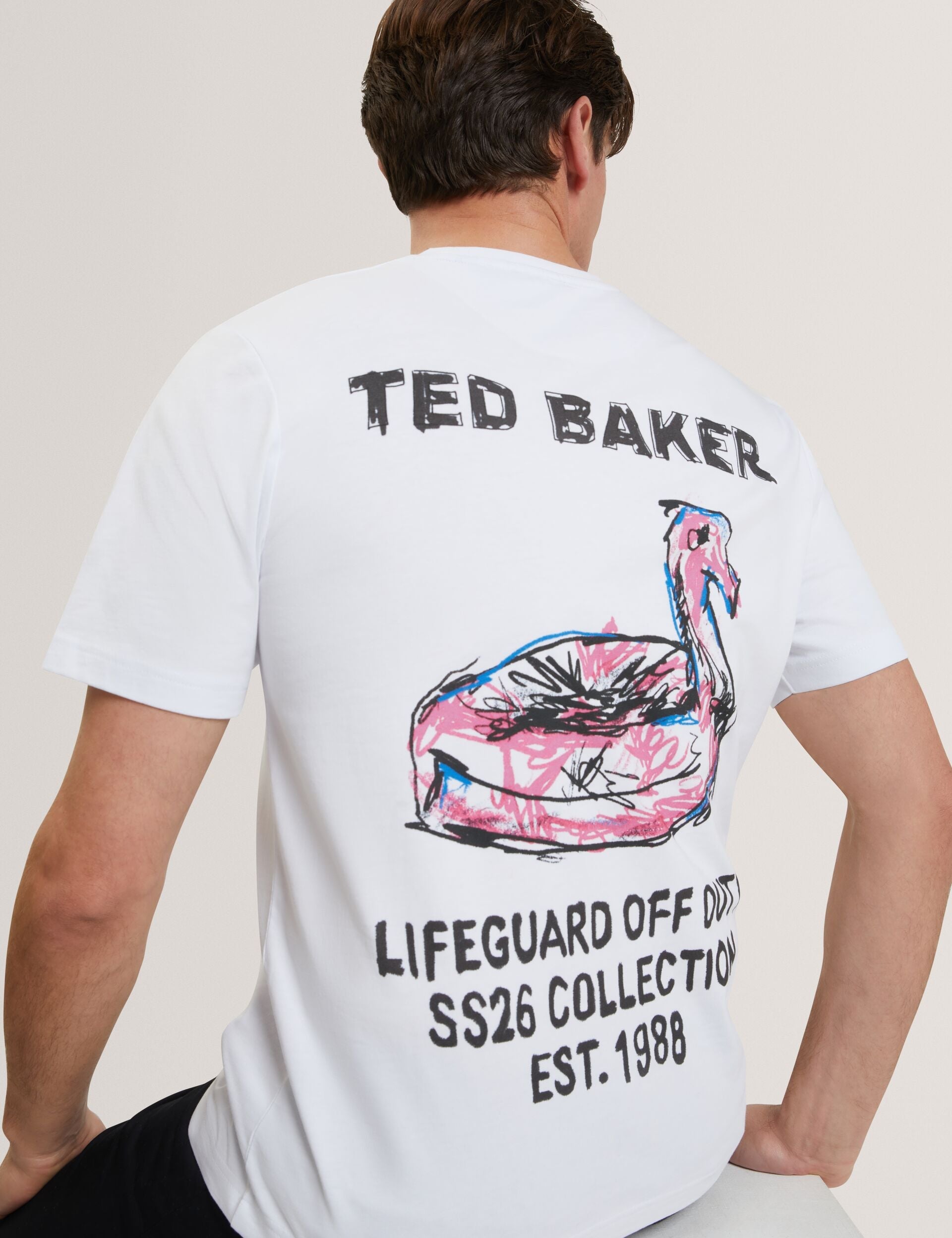 Ted Baker RAMOSS Flamingo Back Graphic Cotton T-Shirt WHITE