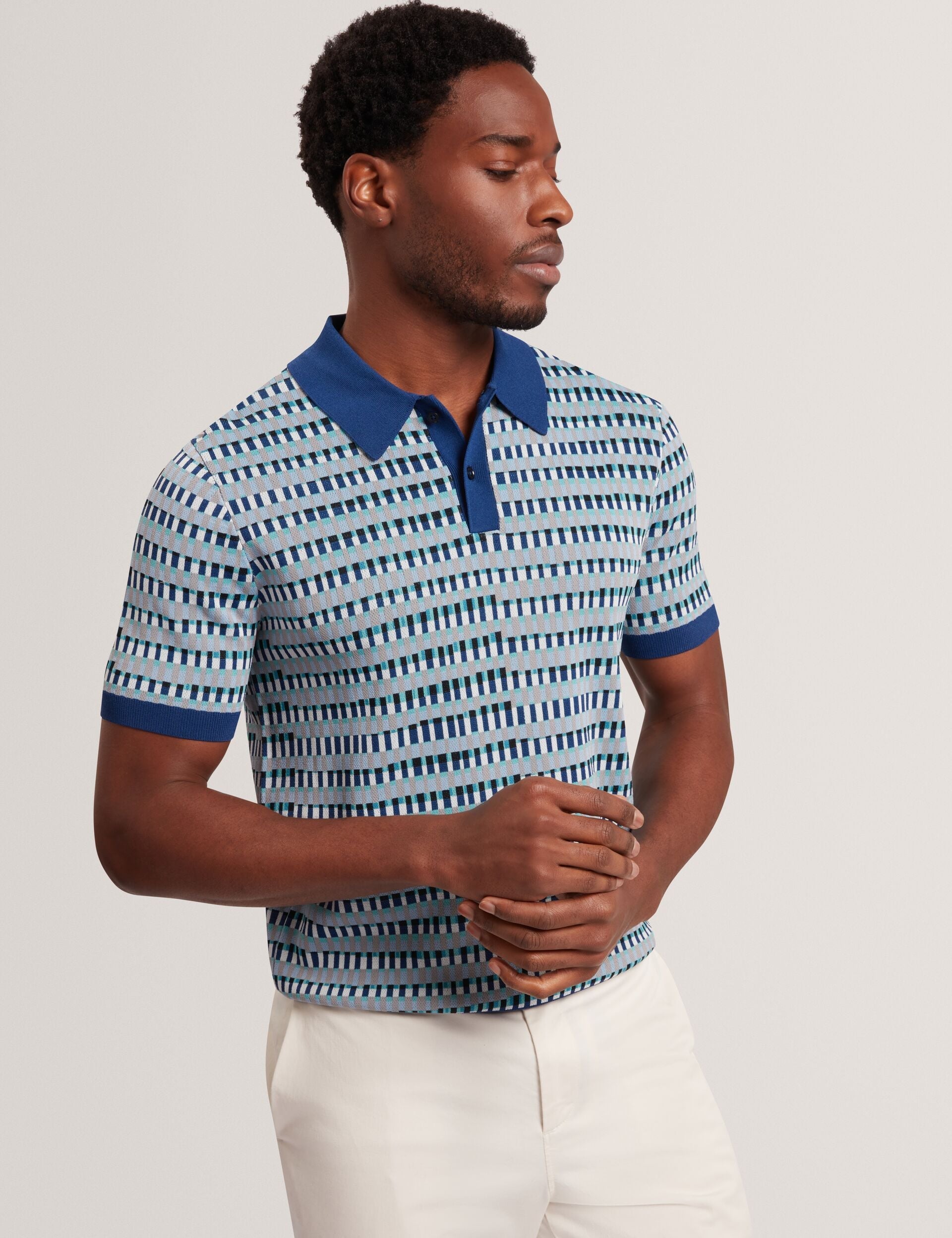 Ted Baker TADMORI Jacquard Dash Check Knitted Polo NAVY