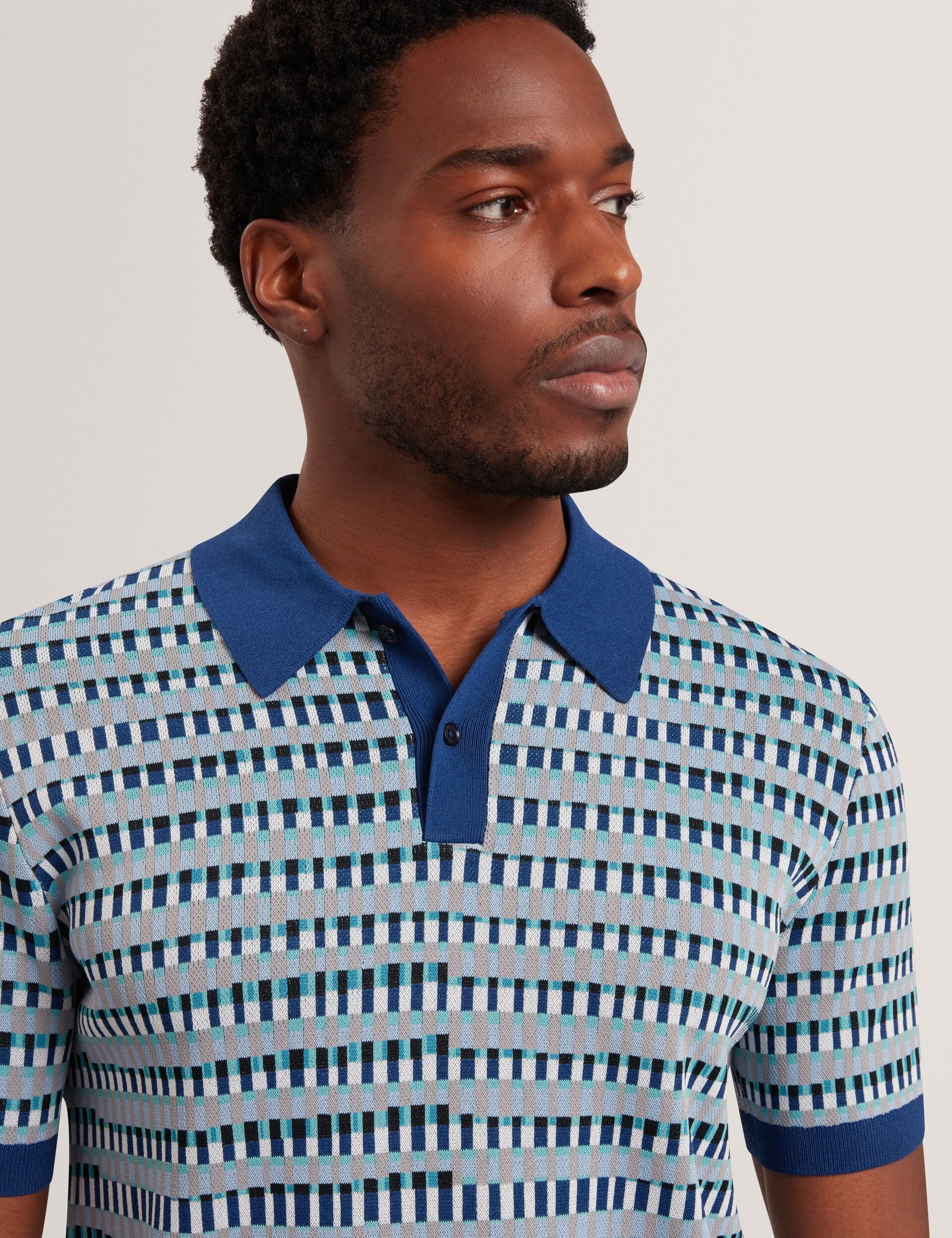 Ted Baker TADMORI Jacquard Dash Check Knitted Polo NAVY