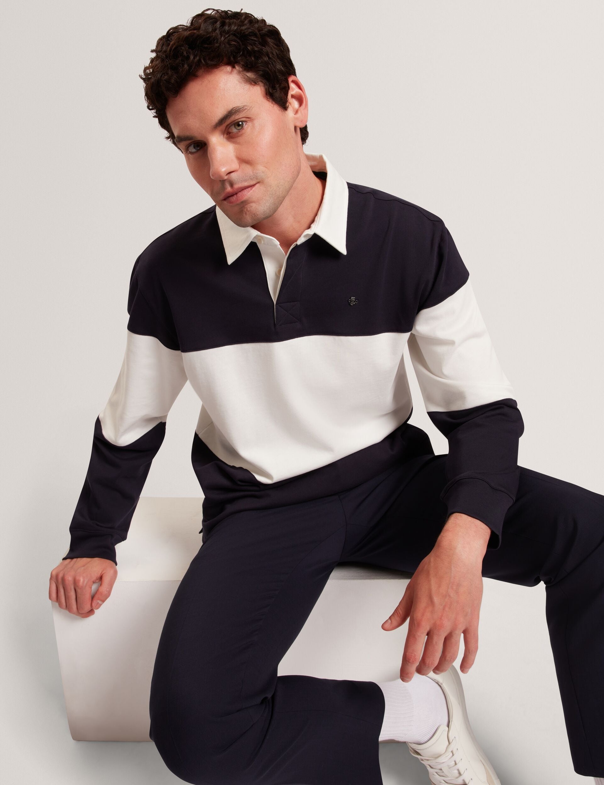 Ted Baker TRAVISS Block Stripe Jersey Cotton Rugby Shirt NAVY