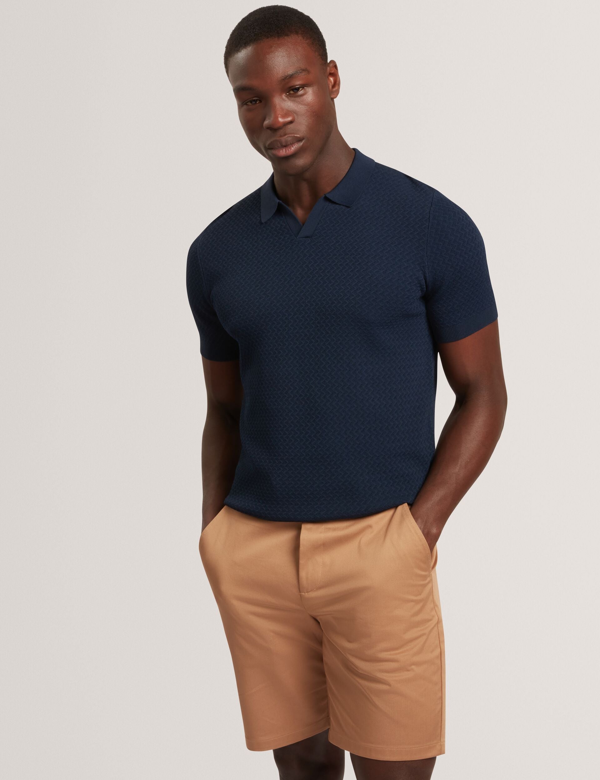 Ted Baker LUTHEN Zig Zag Knit Open Neck Polo NAVY