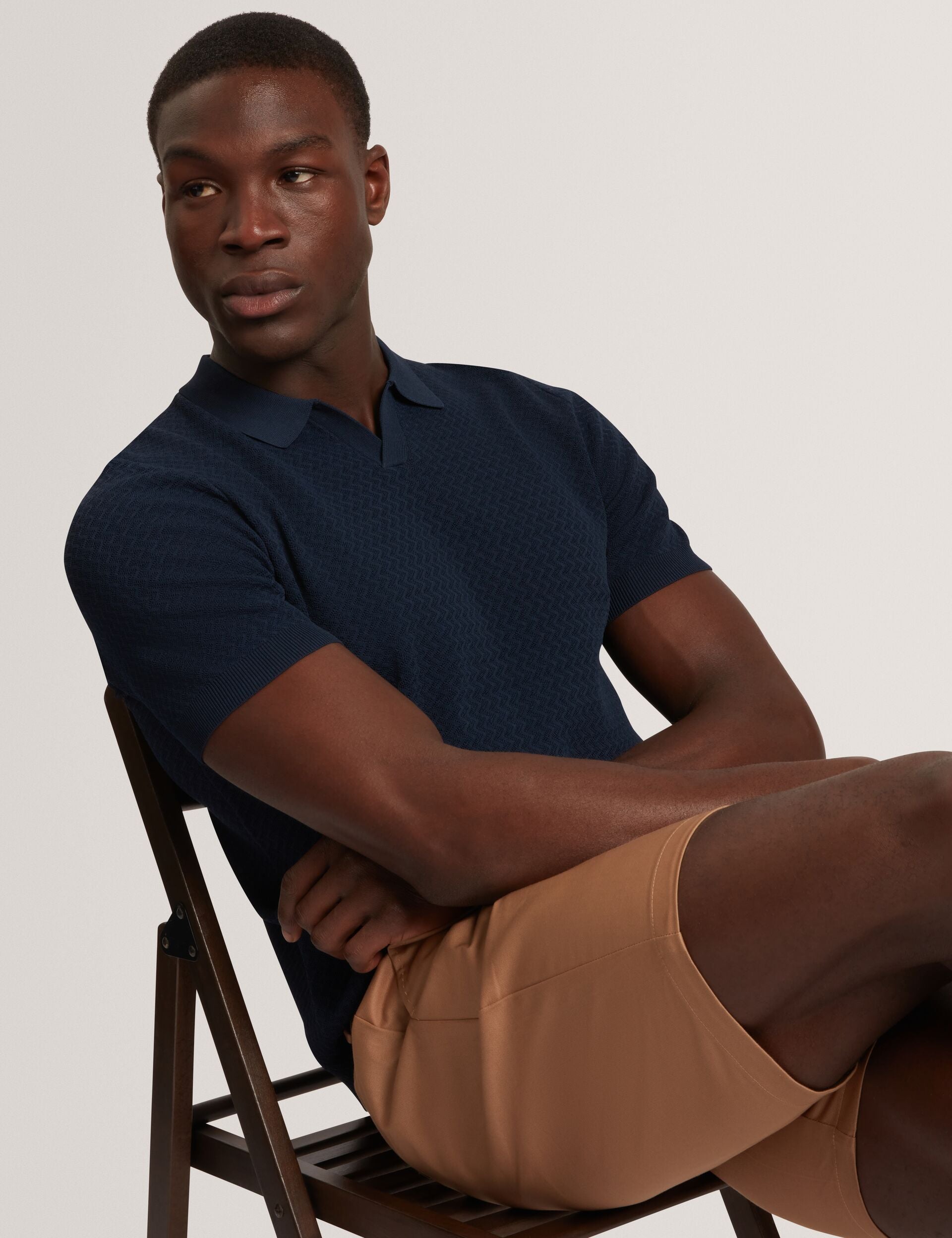 Ted Baker LUTHEN Zig Zag Knit Open Neck Polo NAVY