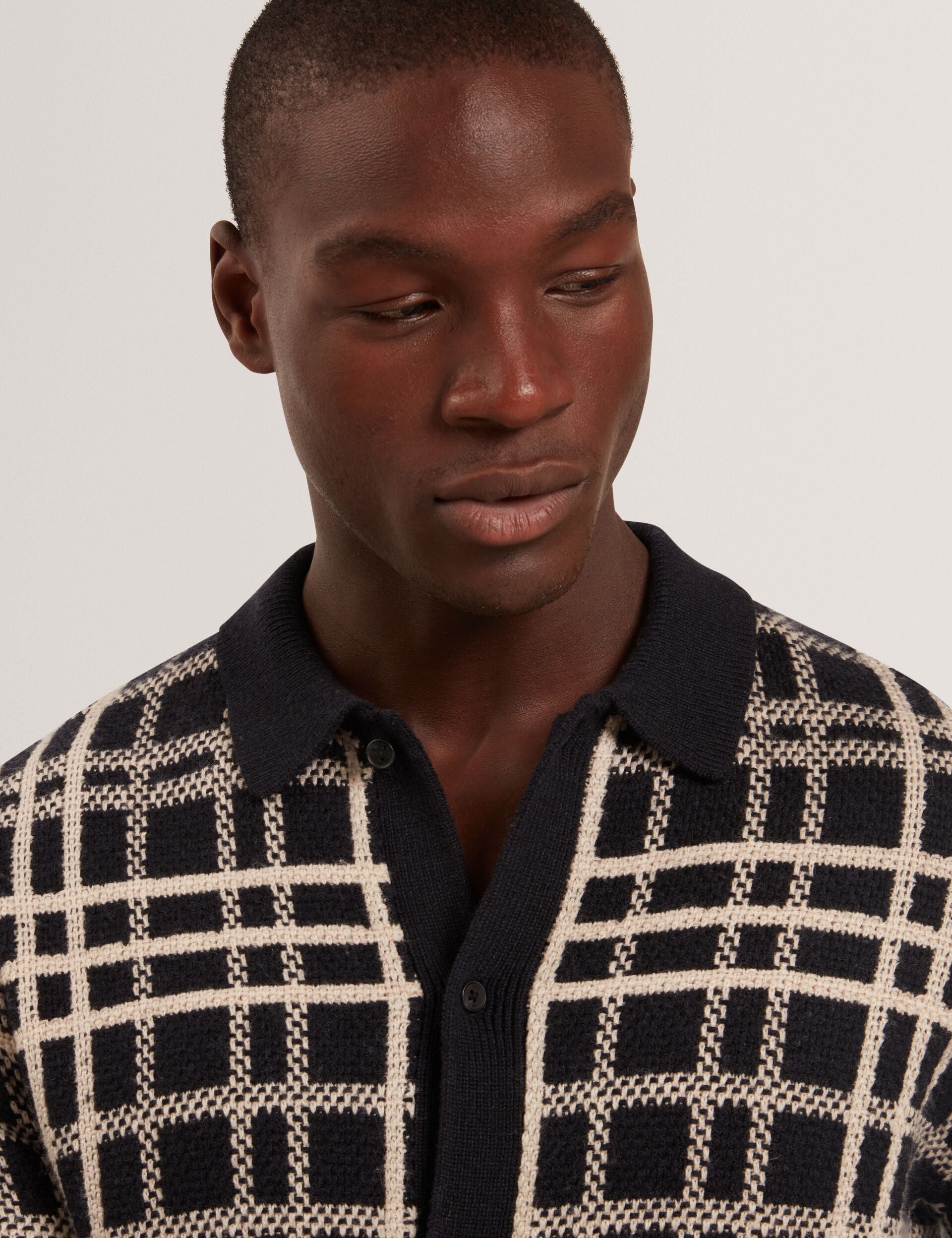 Ted Baker JOVIEN Check Print Button-Through Knit Polo NAVY