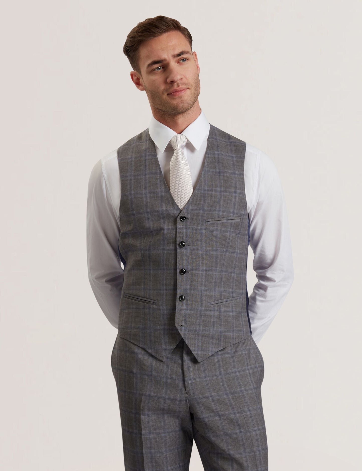 Ted Baker RONAV - Windowpane Check Wool Suit Vest LIGHT GREY