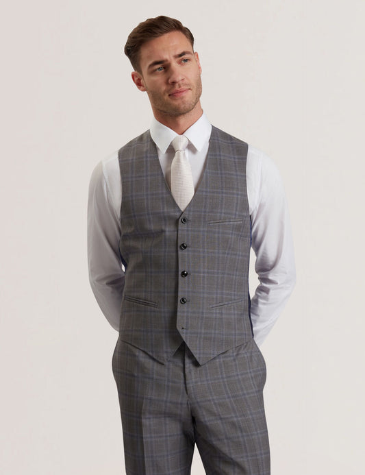 Ted Baker RONAV - Windowpane Check Wool Suit Vest LIGHT GREY