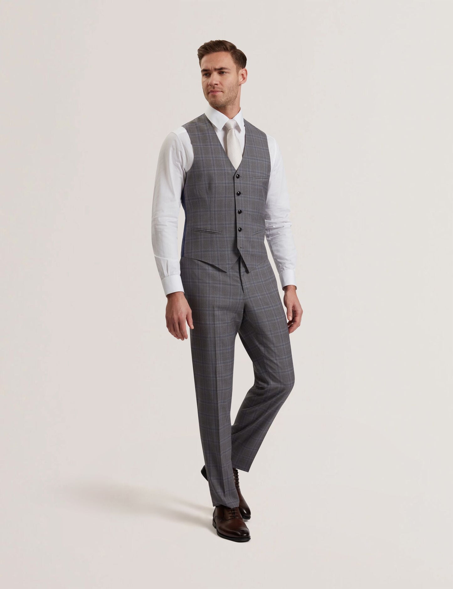 Ted Baker RONAV - Windowpane Check Wool Suit Vest LIGHT GREY
