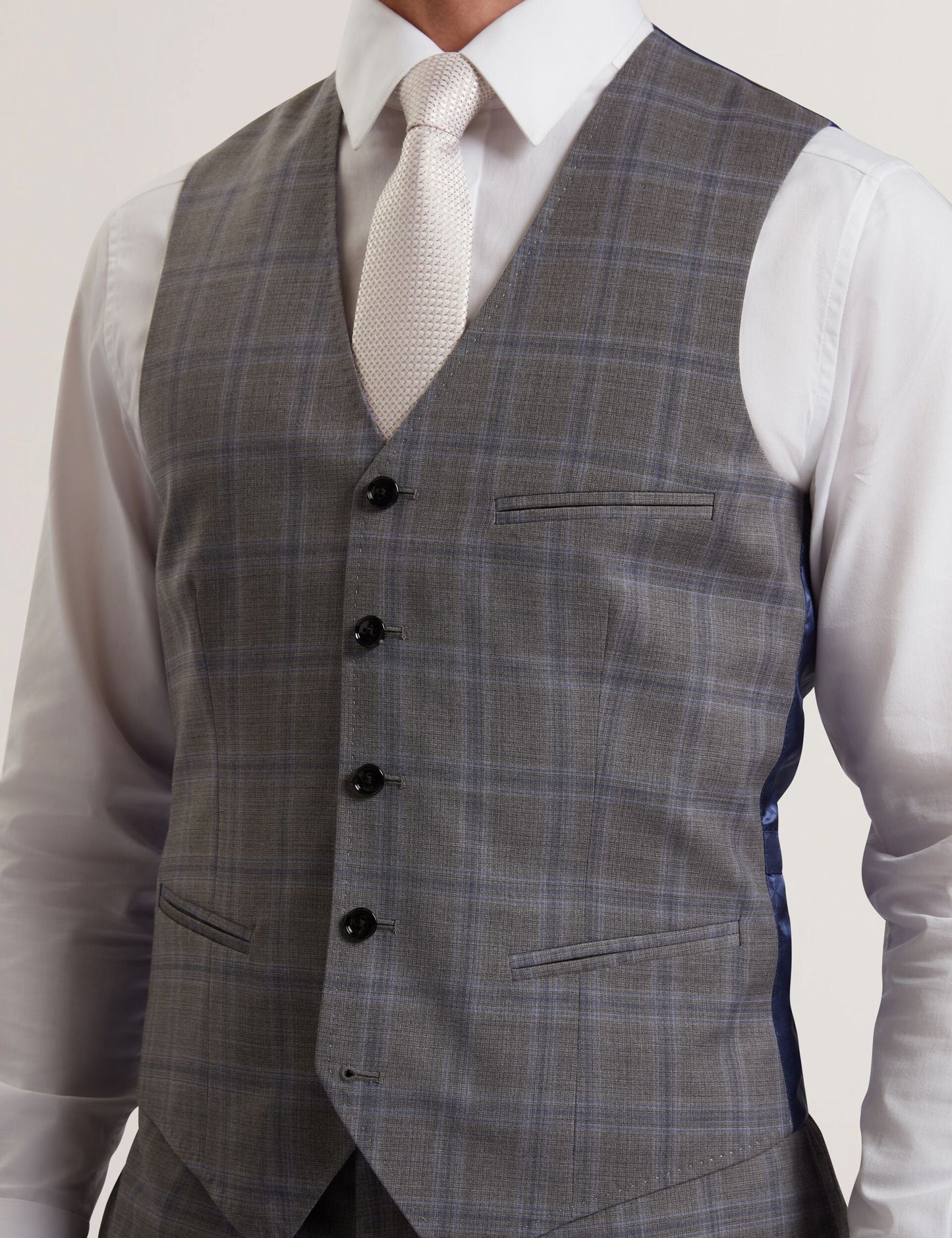 Ted Baker RONAV - Windowpane Check Wool Suit Vest LIGHT GREY